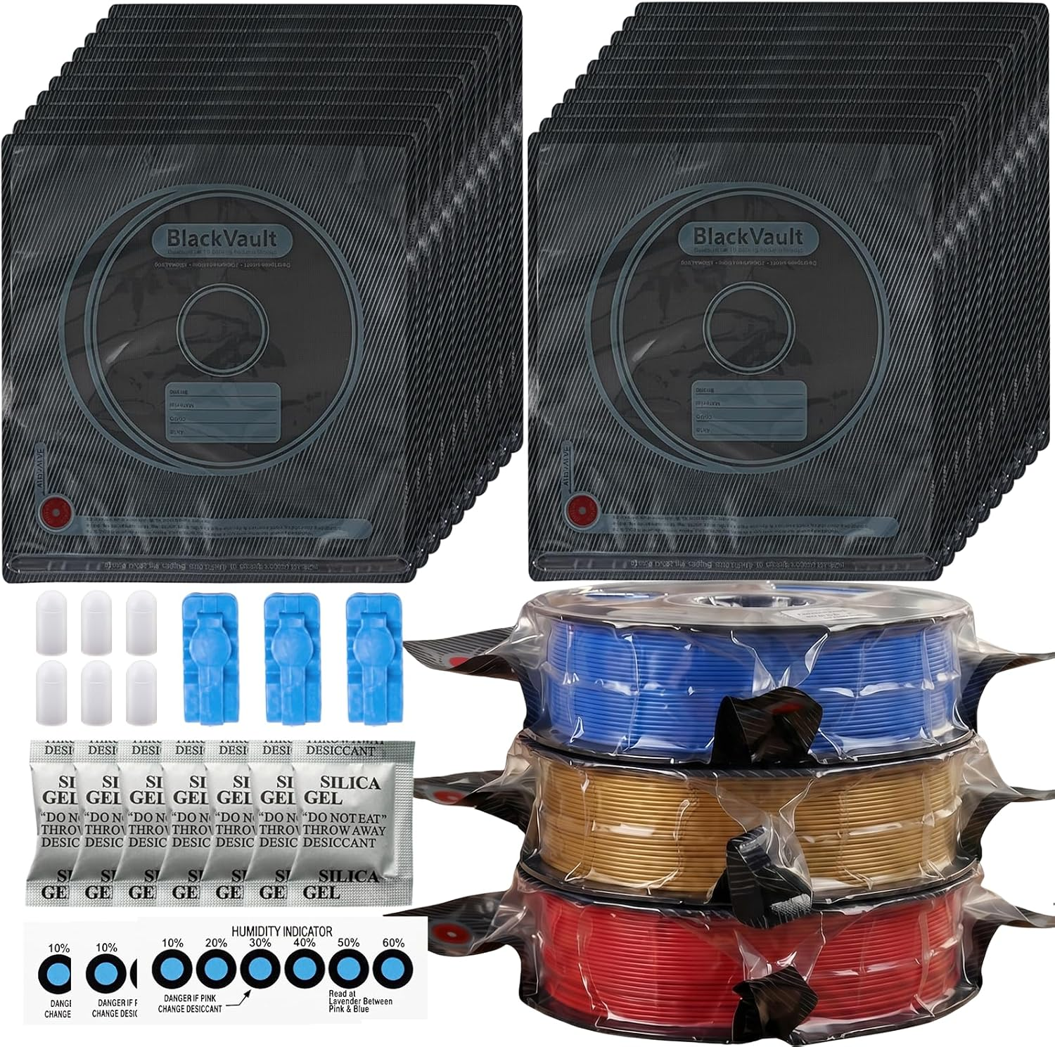 50 PCS Filament Storage Bags, 3D Printer Filament Bags Reusable Vacuum Storage Bag Kit with Sealing Clips, Desiccants, Humidity Indicator Card and Mini Silicone Cover, 12.6 X 13.4 In, Black