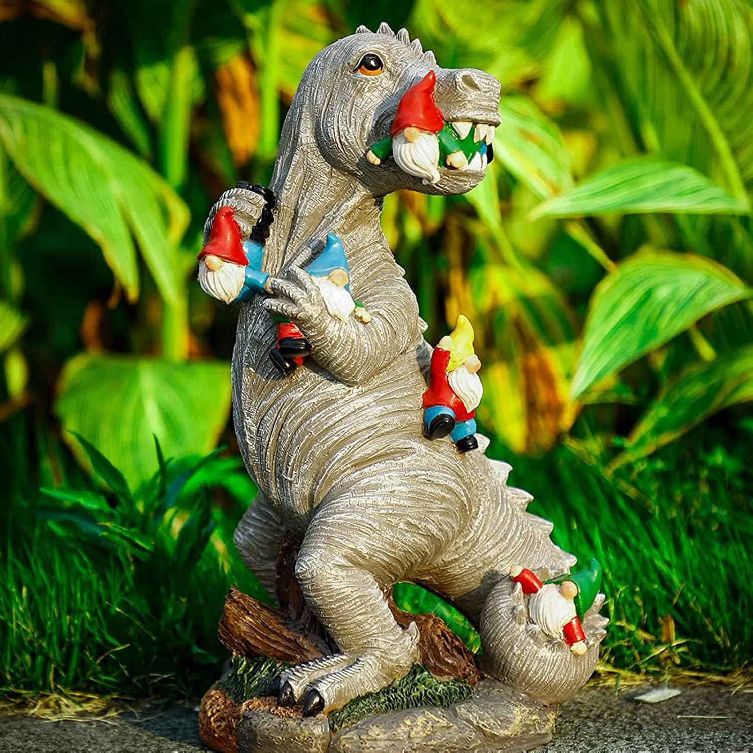 Dinosaur Eating Gnomes Garden Decor, Art for Garden Decor, Outdoor Statue for Patio, Lawn, Yard Art Decoration, Housewarming Garden Gift