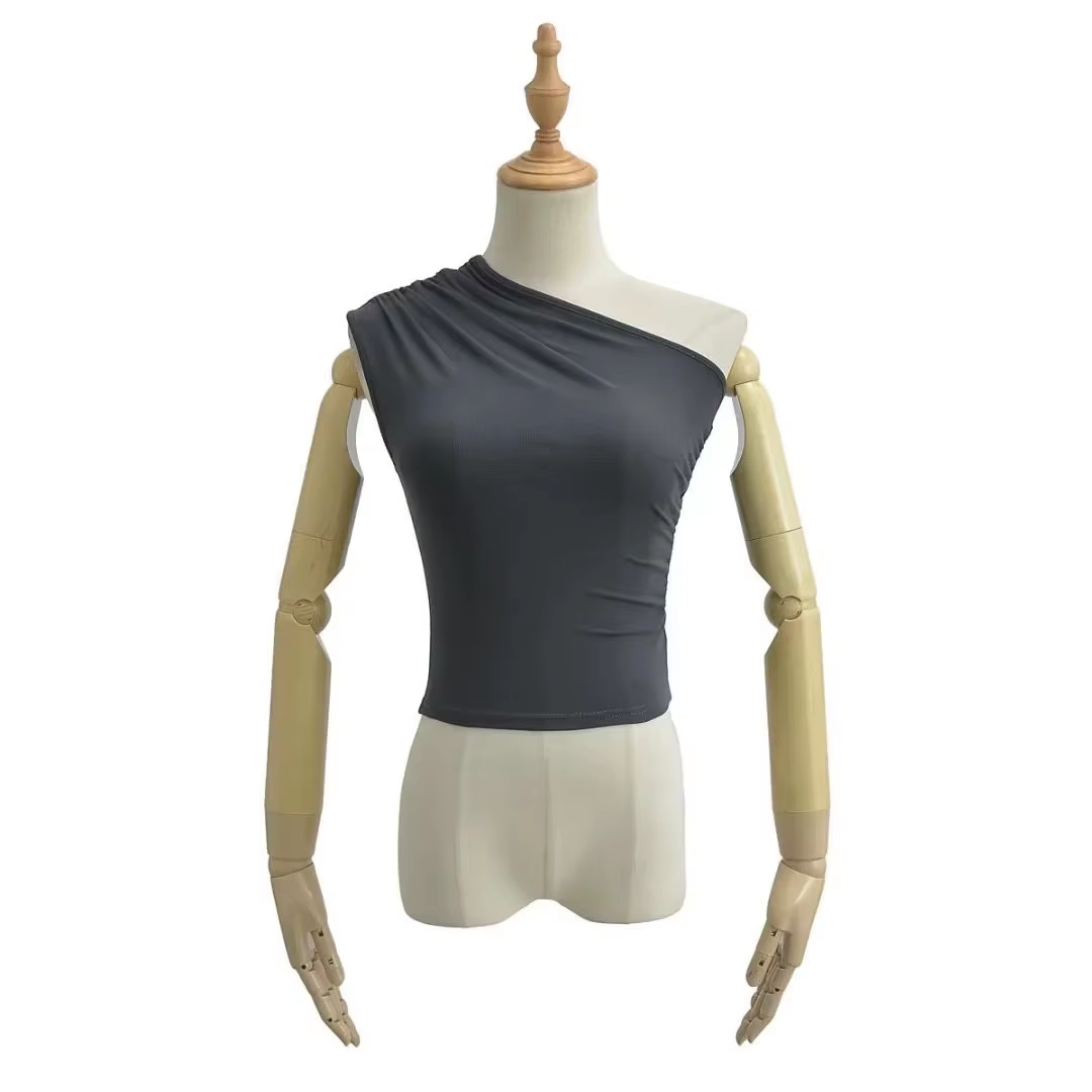 Pleated One-Shoulder Sexy Vest Top New Sexy Off-The-Shoulder T-Shirt