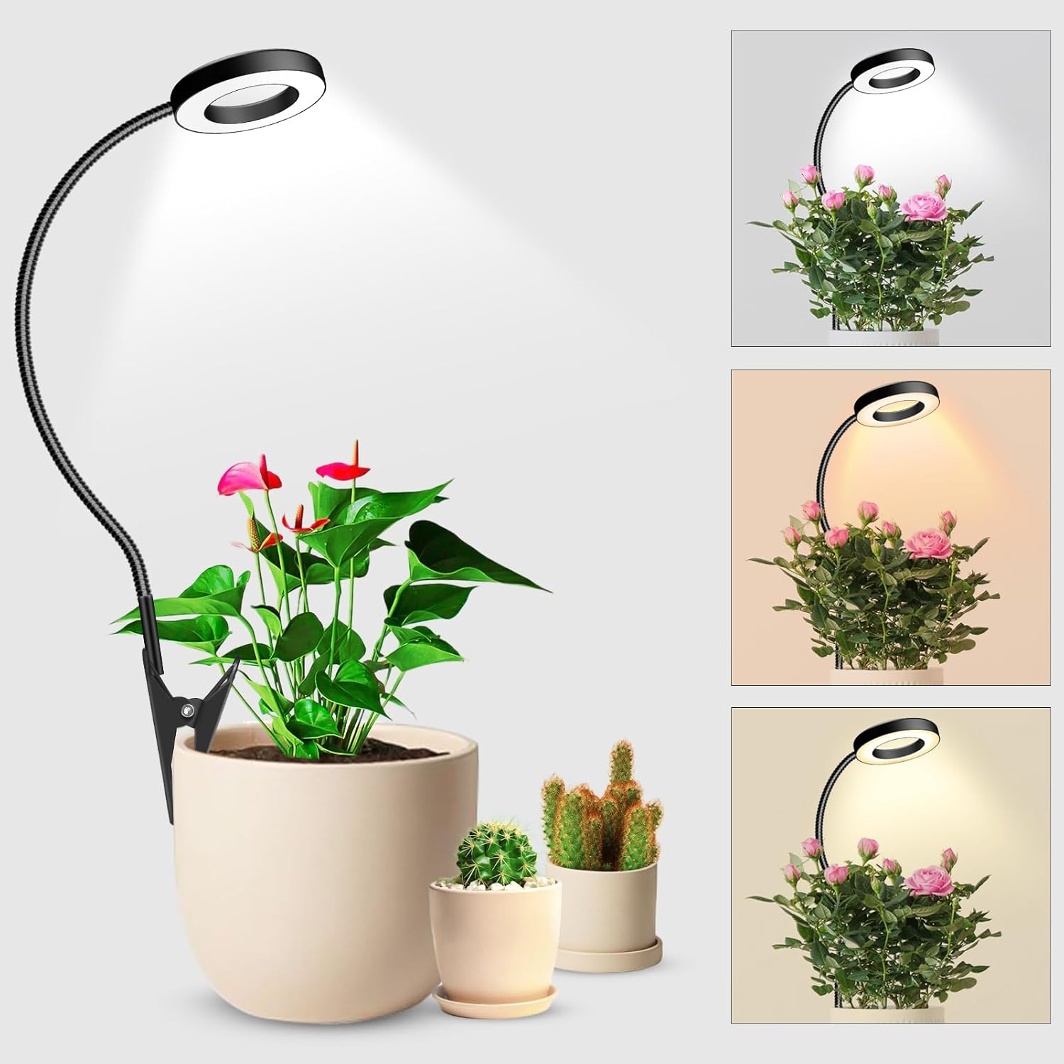 2 in 1 Grow Lights for Indoor Plants, 3 Colors Plant Lights for Indoor Growing with 360° Gooseneck, 48 Leds Full Spectrum Plant Grow Lights Indoor, 6/12/16H Timer, 5 Brightness, Black 1 Pack