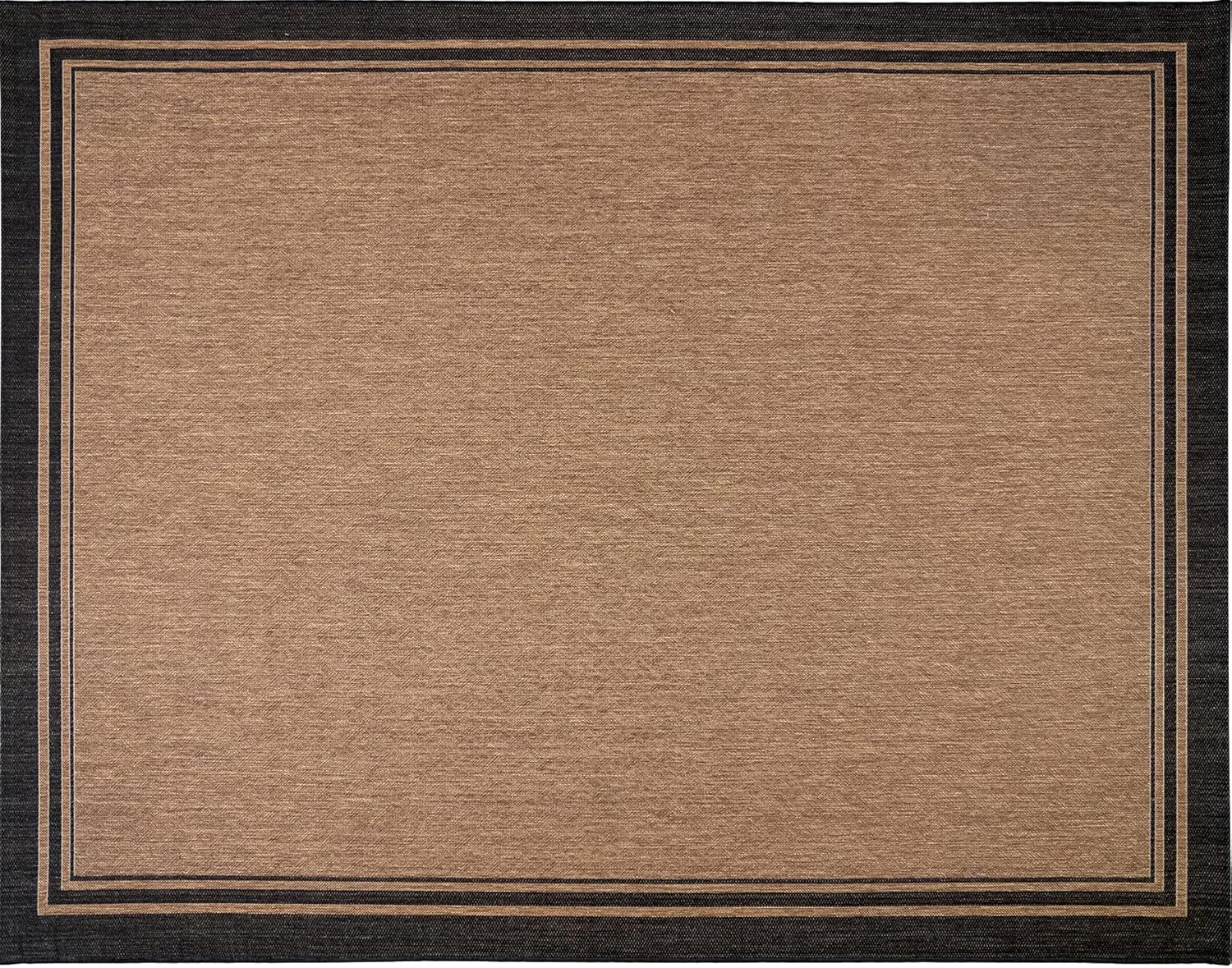Indoor Outdoor Classic Flatweave Area Rug, Stain & UV Resistant Carpet, Deck, Patio, Poolside & Mudroom, 5X7 Ft Standard, Simple Border, Black Tan, 21490