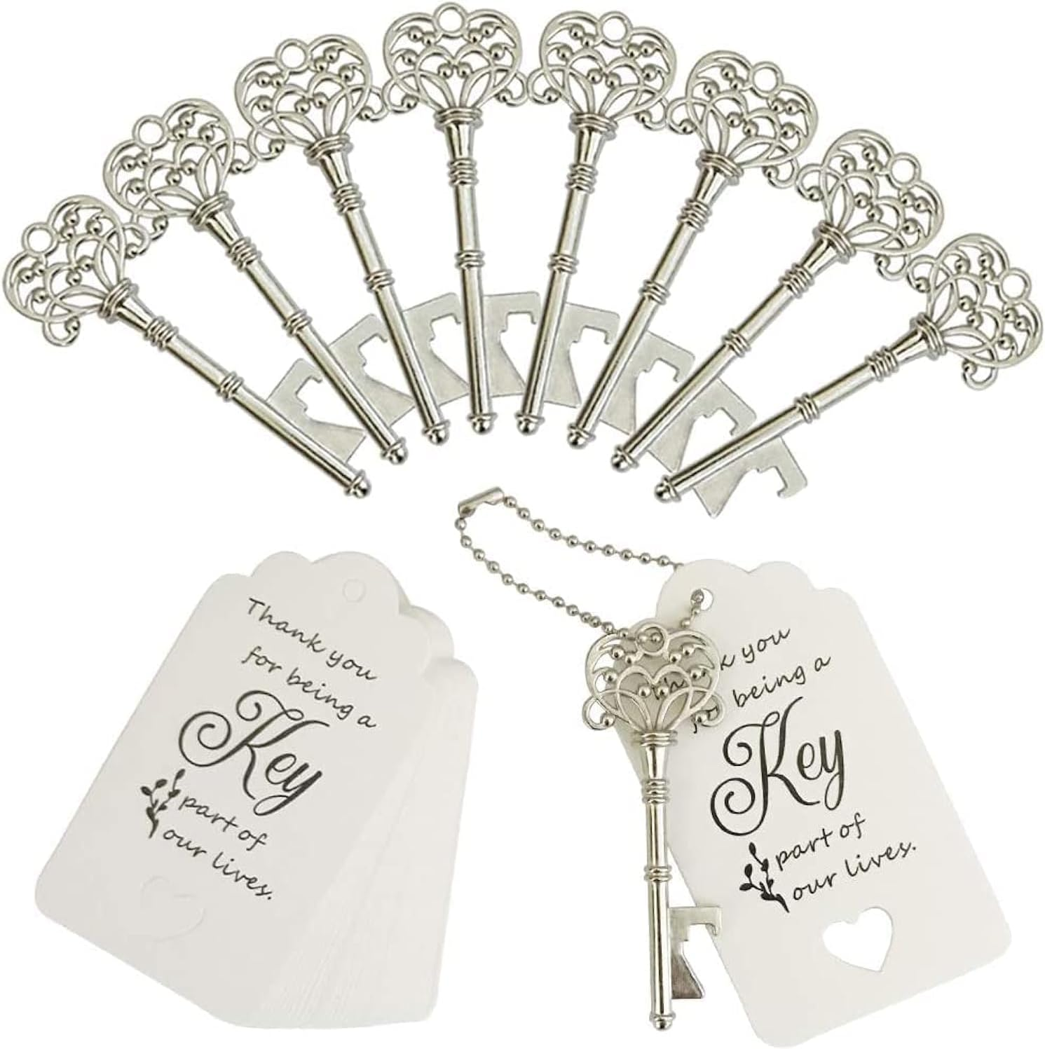 100 PCS Wedding Favors Bottle Opener,Wedding Gifts for Guest Vintage Skeleton Key Opener,Key Openers with Escort Tag Cards and Chains (Silver)