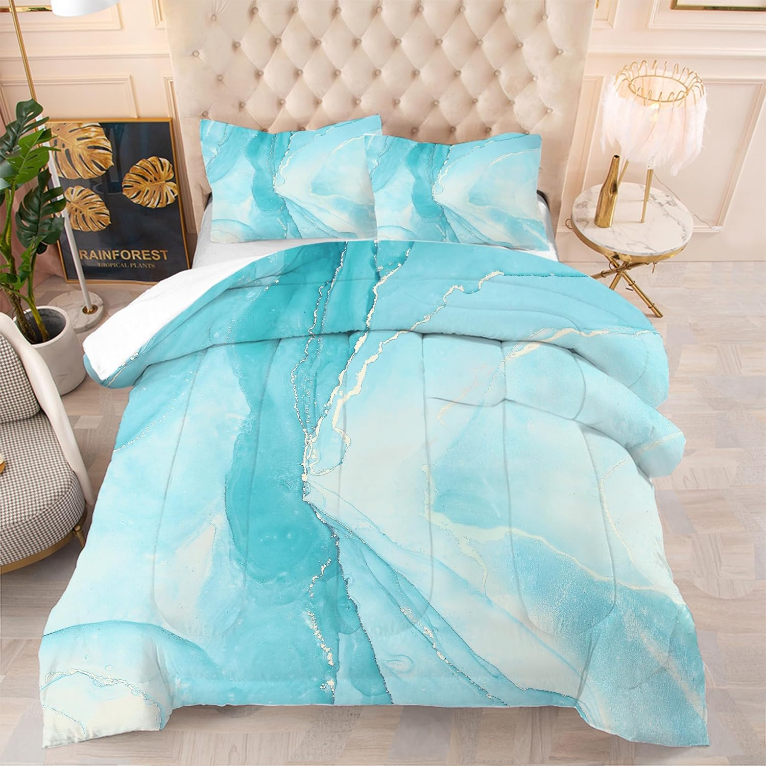 Comforter Set Blue Marble: Full Size Aqua Blue Bedding Sets for Teen Girls Kids Women Bedroom Abstract Baby Blue Marbling Quilt Bed Set 1 Comforter & 2 Pillowcases