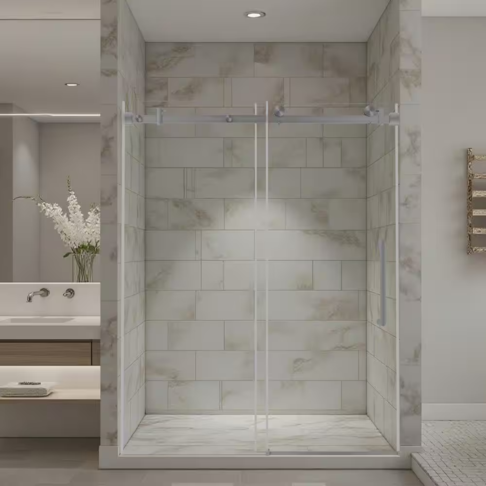 56-60 In. W X 76 In. H Single Sliding Frameless Shower Door in Brushed Nickel with Clear Glass