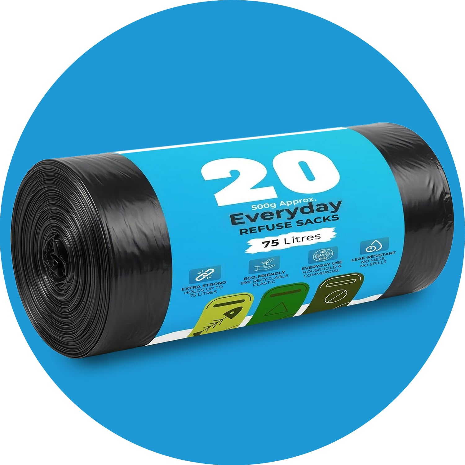Roe Tenpo 20 Pack Black Bin Bags – 75L, 30 Micron Refuse Sacks, Extra Strong, Eco-friendly, Leak-Resistant Bin Liners - Perfect for Home, Office, DIY & Garden (Packaging May Vary)