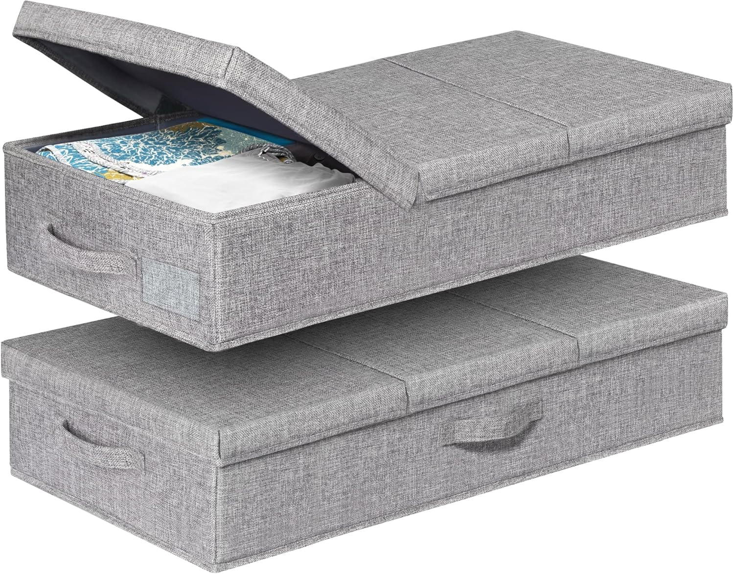 Punemi under Bed Storage with Lids, 2 Pack Large Underbed Storage Containers Clothes W/ 3 Handles, Foldable Low Profile Stackable Drawer Organizer Bins Box for Blanket Shoe Bedroom, 31.1*15.7*6Inch