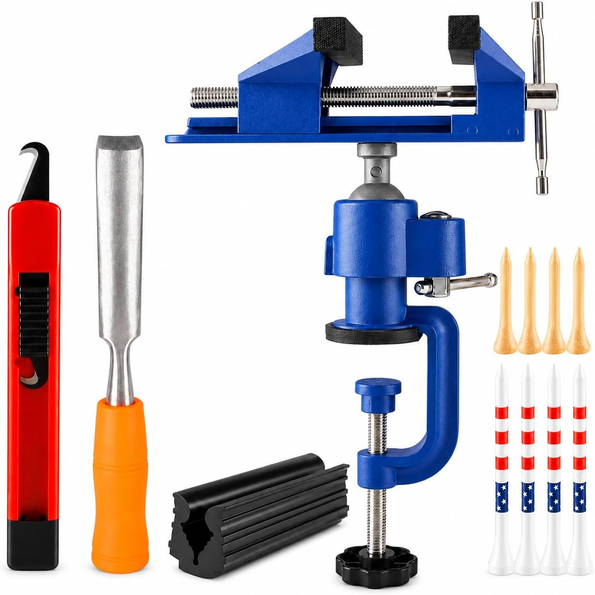 Golf Club Regripping Kit, 360 Degree Vise Clamp Set | Includes Hook Blade, 15 Grip Tapes, Rubber Shaft Sleeve & 8 Golf Tees for Home Garage Regripping