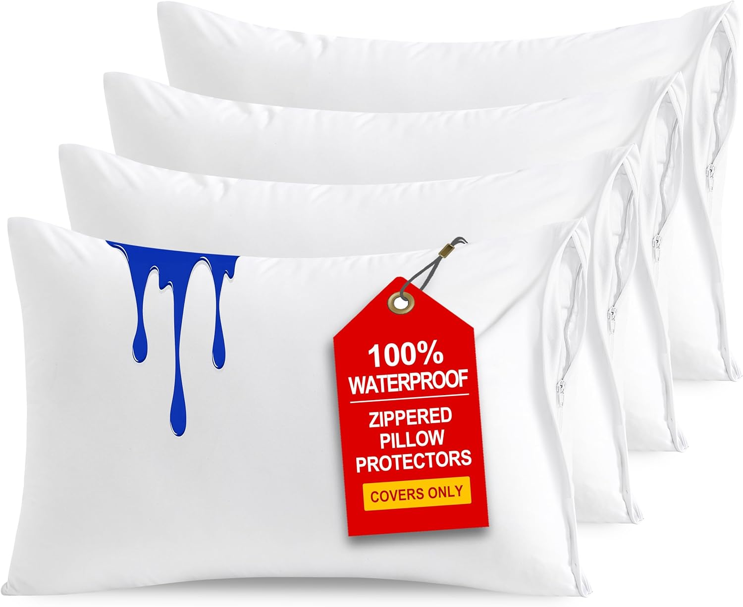 4 Pack Zippered Waterproof Standard Pillow Protectors, Super Soft Quiet Zip Pillow Protectors, 20X26 Inches Jersey Pure White Waterproof Pillow Cases Covers