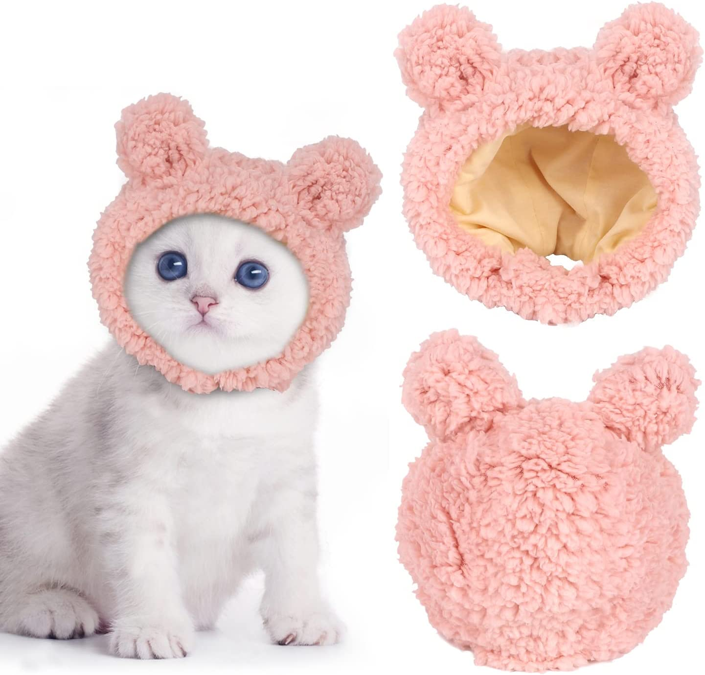 Cute Cat Costume Warm Bear Hat Adjustable Soft Small Pet Headwear for Puppy Dog (Pink)