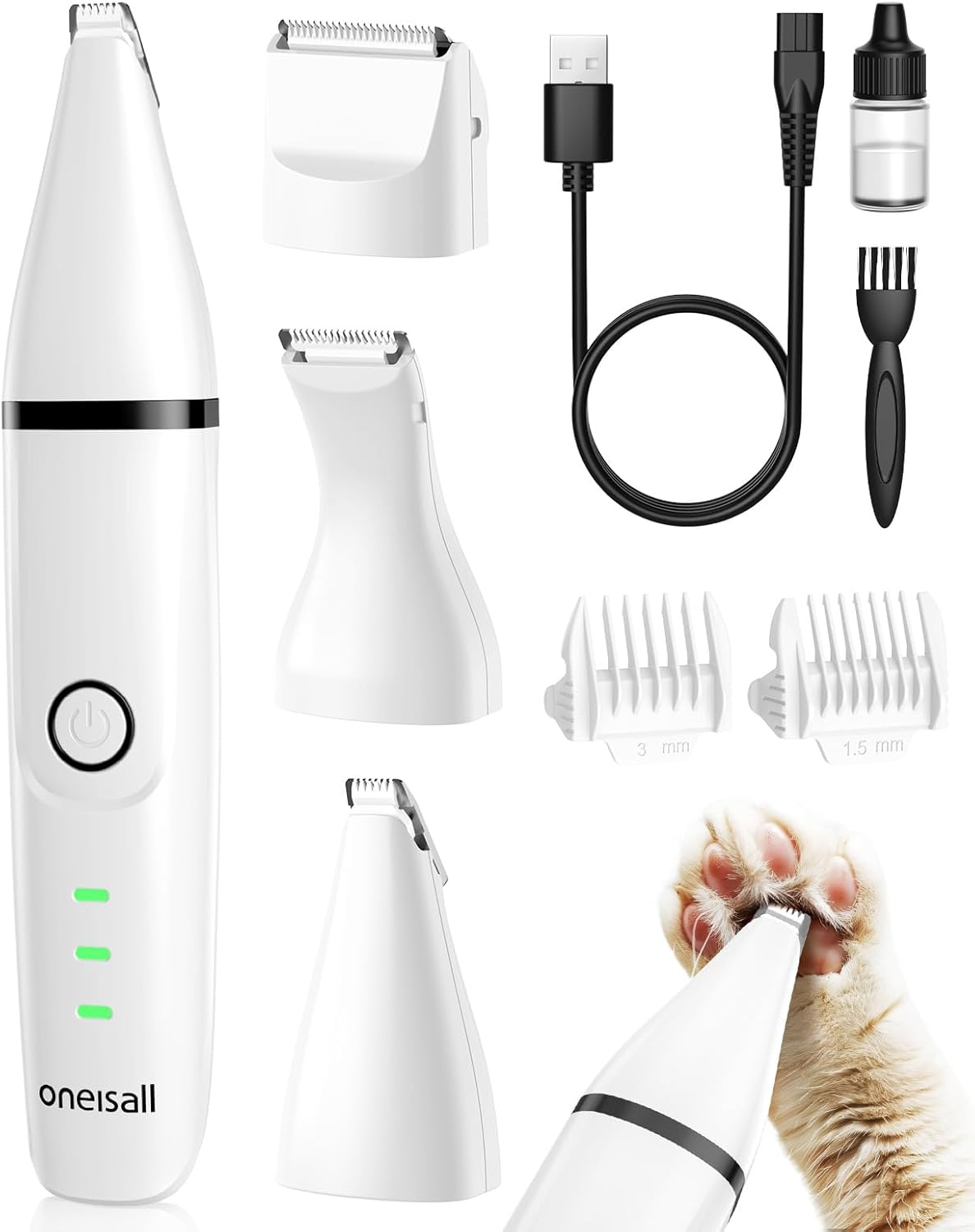 Oneisall Cat Grooming Kit, 3 in 1 Quiet Cat Clippers for Thick Matted Paw Hair Trimmer, Heavy Coat Butt Shaver Cordless Pet Clippers Fur Trimmer for Dogs and Other Small Animals at Home Travel