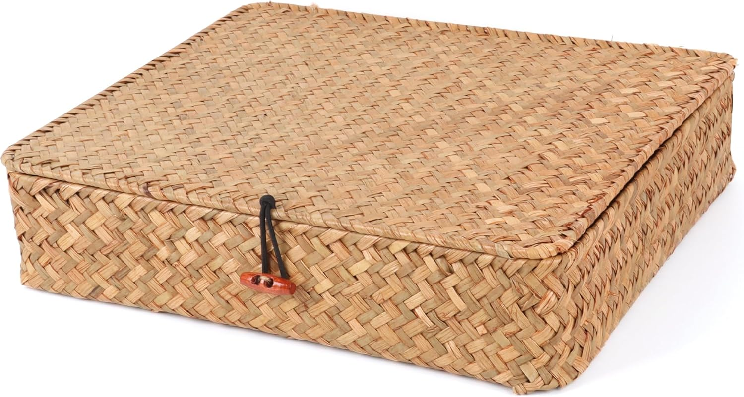 Flat Wicker Shelf Baskets with Lid, Seagrass Woven Basket Boxes for Storage Basket Bins Multipurpose Home Decor Organizer (Natural Large)