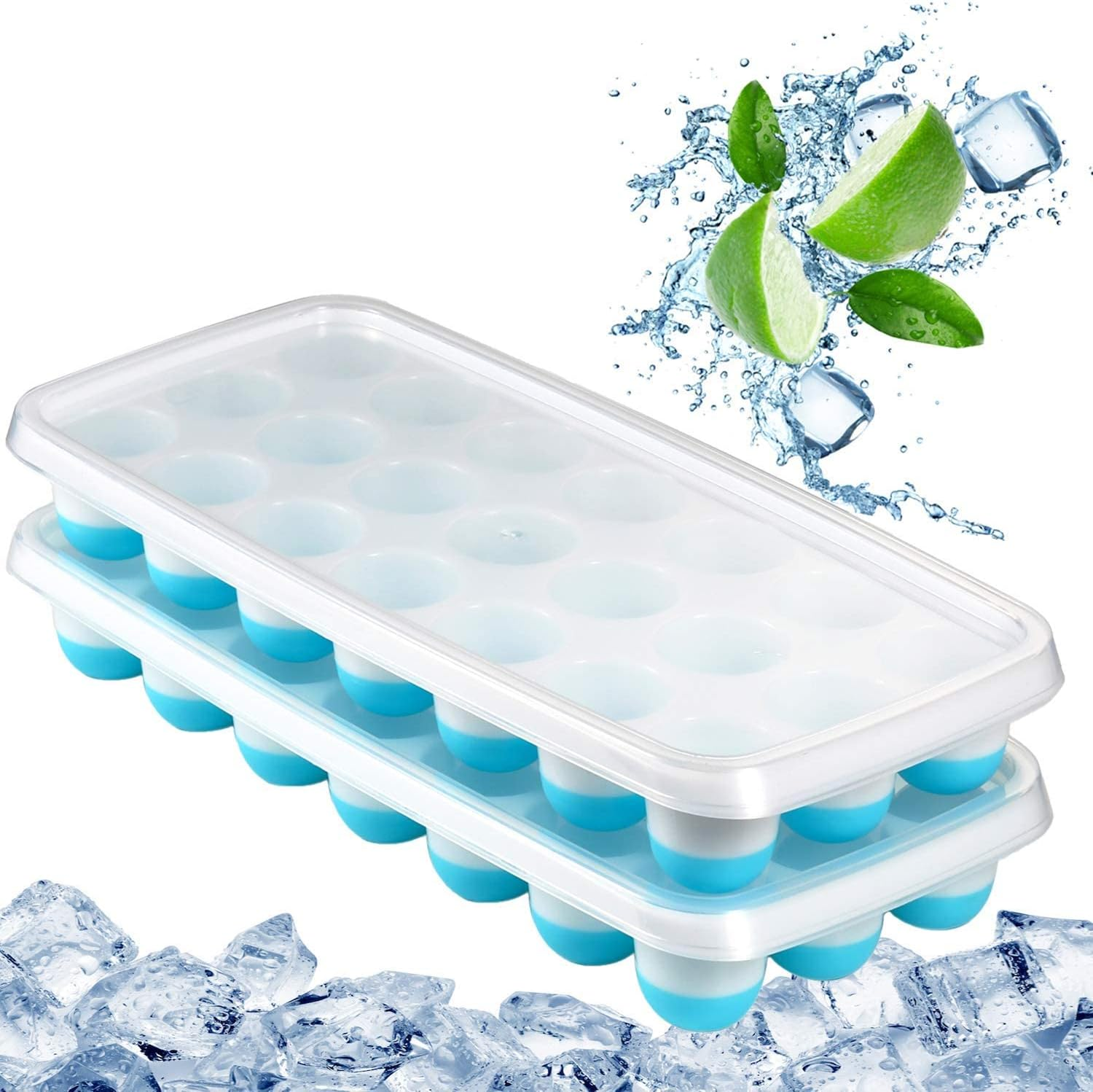 Ice Cube Trays Easy Release-Odor Free,Spill Resistant Lid Included,2 Pack, Small Size, Stackable 42 Cubes,Silicone(Blue)