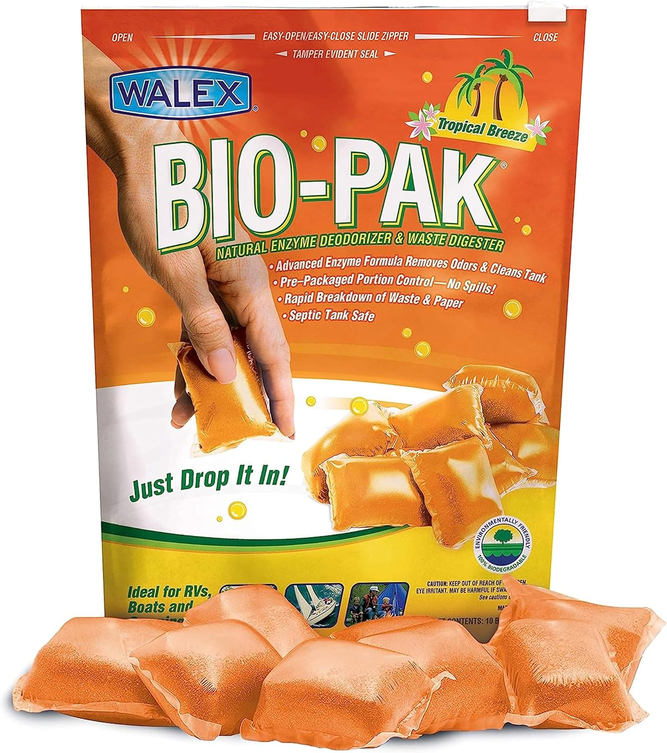 Bio-Pak Black Holding Tank Deodorizer & Waste Digester Drop-Ins - Advanced Enzyme Formula for Rapid Breakdown of Waste & Paper, Removes Odors & Cleans Tank; Tropical Breeze, 10-Pack