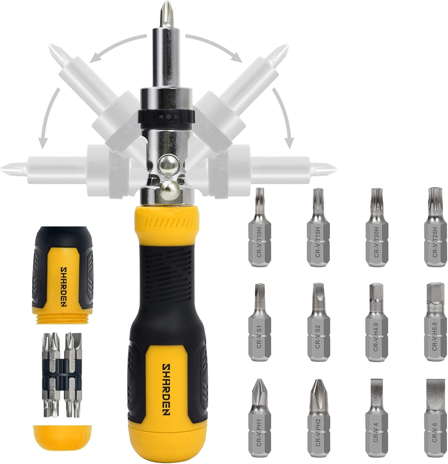Ratcheting Multi Bit Screwdriver - 13-In-1 Tool Set, Flat Head/Square/Torx/Hex/Phillips, 180 Degree Pivoting Adjustable Angle Magnetic Screwdriver