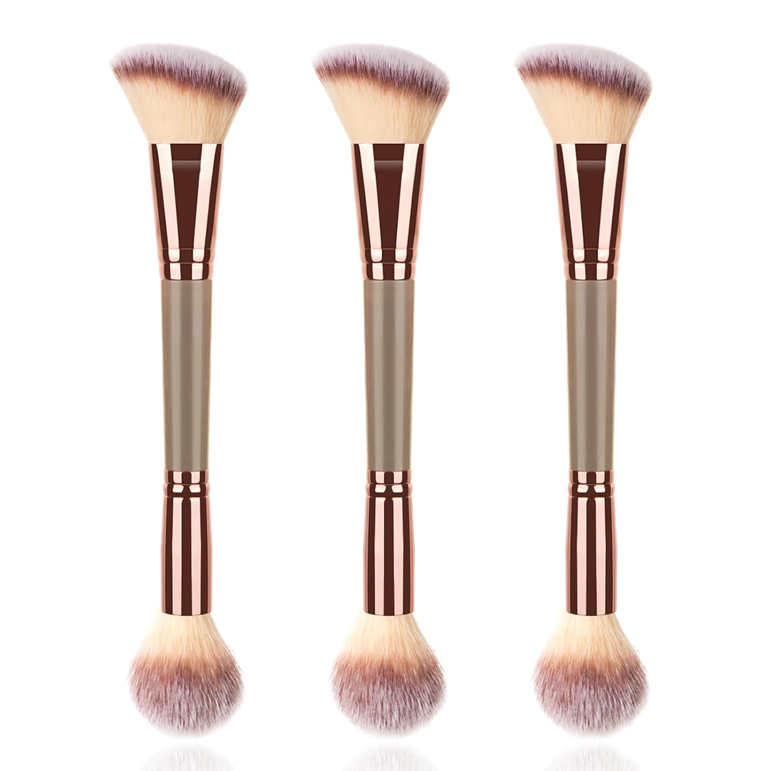 3PCS Double Ended Makeup Brush, round Top Brush for Blush, Slant Brush for Contour and Highlighter, Perfect For
