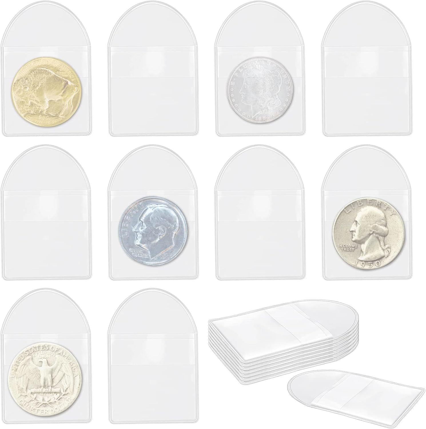 200 Pack Single Pocket Coin Sleeves, 2X2 Inch Clear Plastic Coin Protector Holders, Transparent Coin Pockets for Jewelry Ring Earring Gemstone Collection Supplies & Protectors (Semicircle)