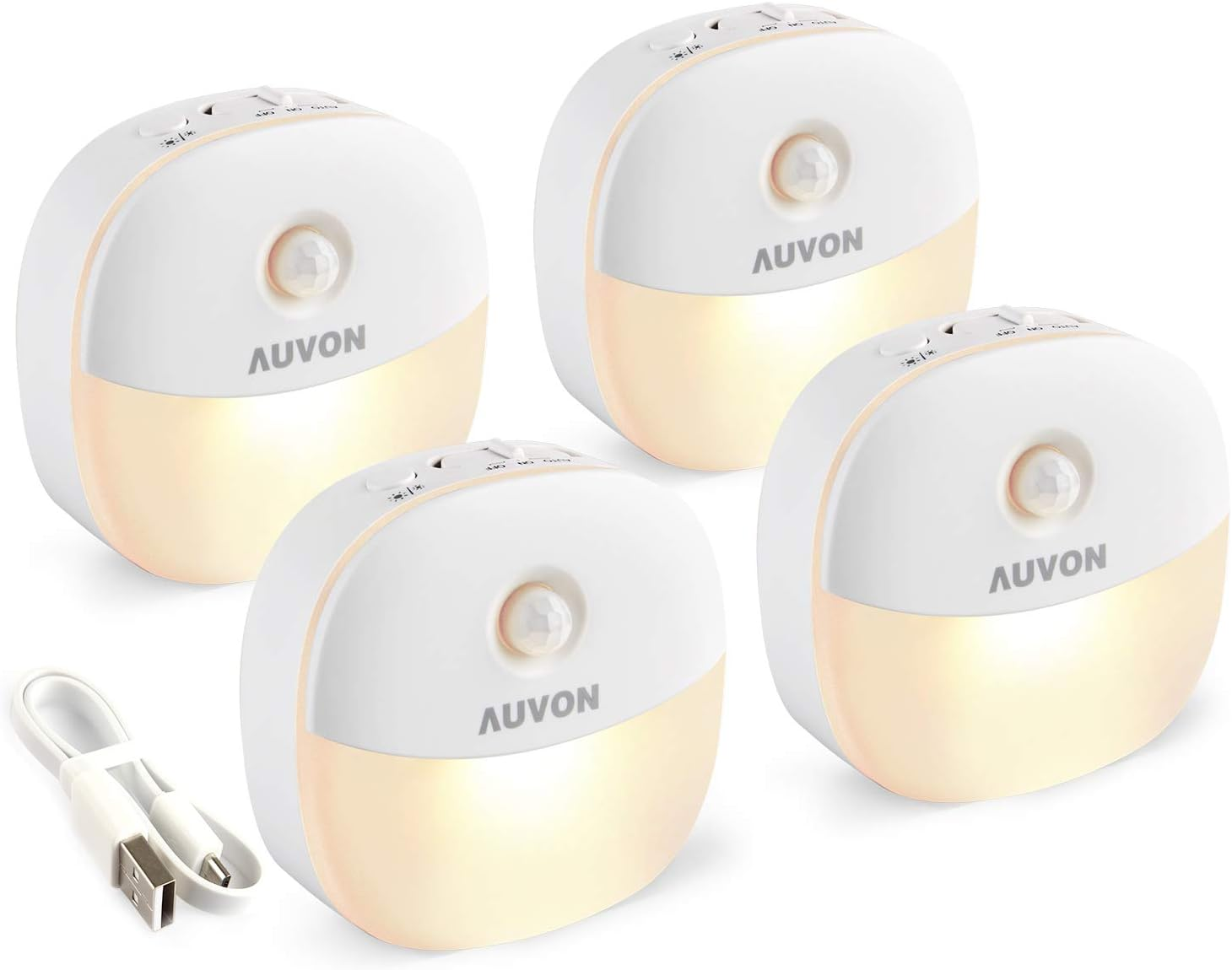 Rechargeable Battery Night Light, Mini with Motion Sensor, Warm White LED Stick-On Closet Light with Dusk to Dawn Sensor, Adjustable Brightness for Wall, Stairs, Hallway, Cabinet (4 Pack)