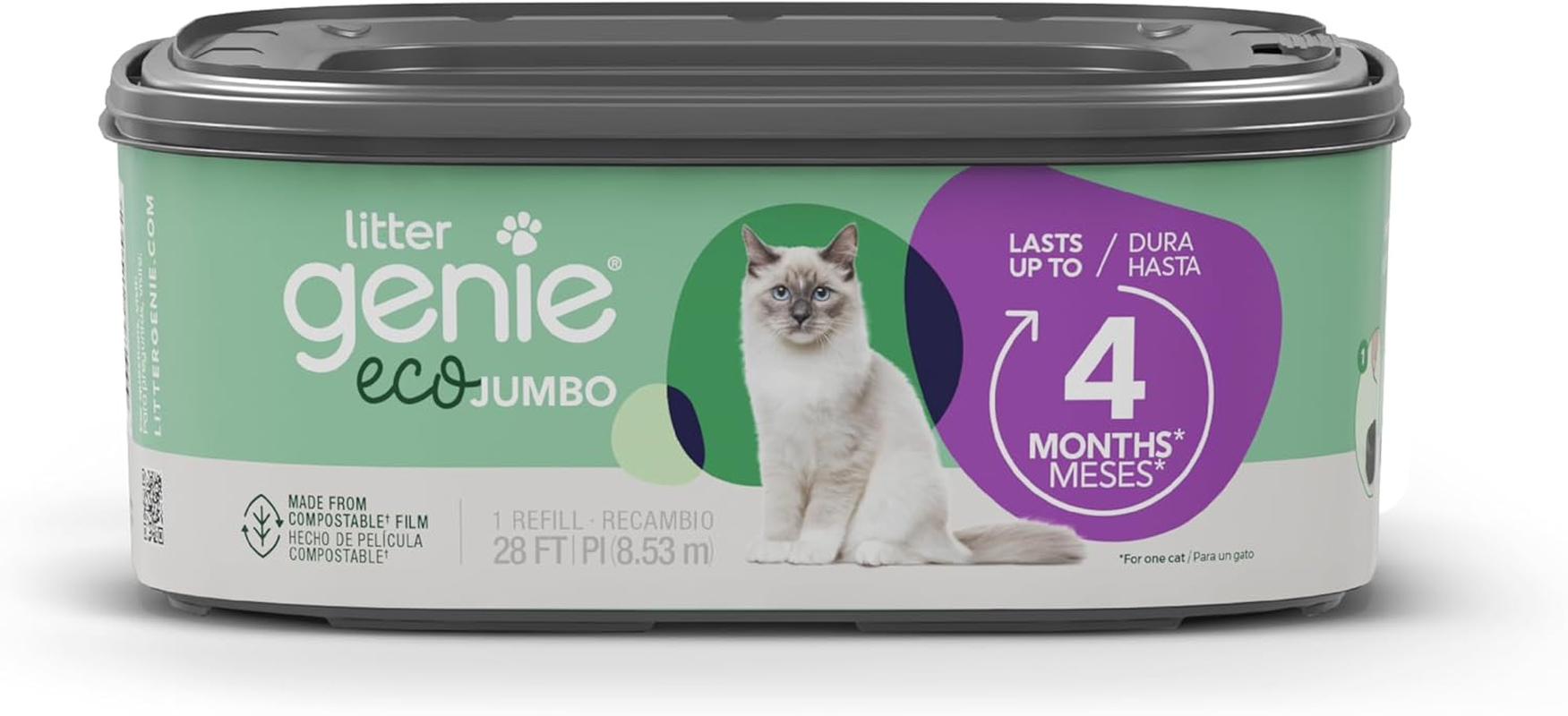 Litter Genie Eco Refills | Compostable Cat Litter Bags Jumbo 1-Pack | up to 4 Months of Supply in 1 Cartridge