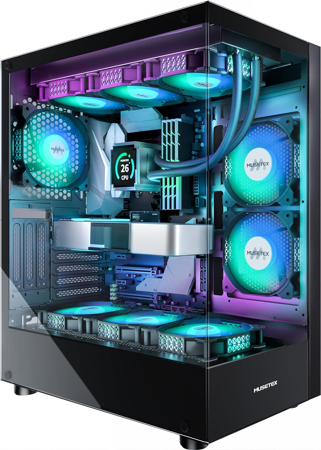 PC CASE ATX 6 PWM ARGB Fans Pre-Installed, Type-C Mid Tower Computer Case with Full-View Dual Tempered Glass, Gaming PC Case,Black(K2)