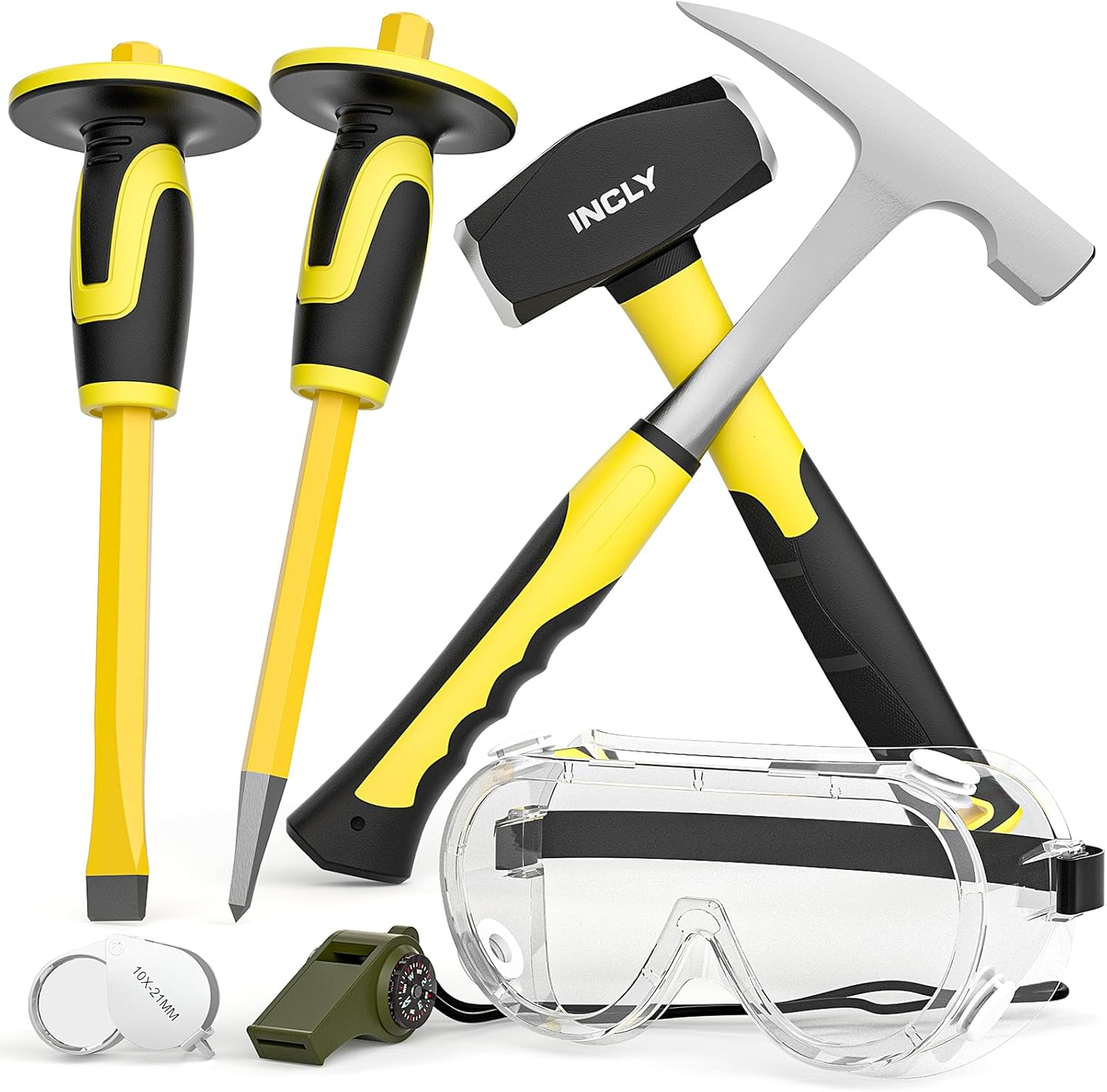INCLY 7 Pcs Geology Rock Pick Equipment Kit, 3Lb Sledge &32 Oz Rock Hammer with 2PCS 12