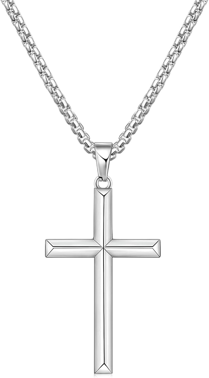 Beveled Edge Cross Necklace for Men, Silver Tone/Black/14K Gold Plated Mens Cross Necklace, 2.5MM Stainless Steel Box Chain with Pendant