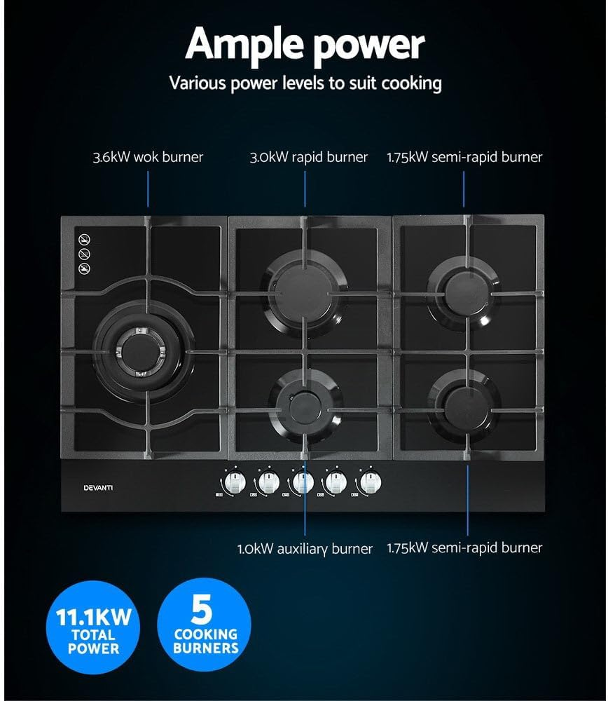 Devanti Gas Cooktop, 90cm 5 Burner Portable Stove Electric Cooktops Wok Burne... - Picture 6 of 18