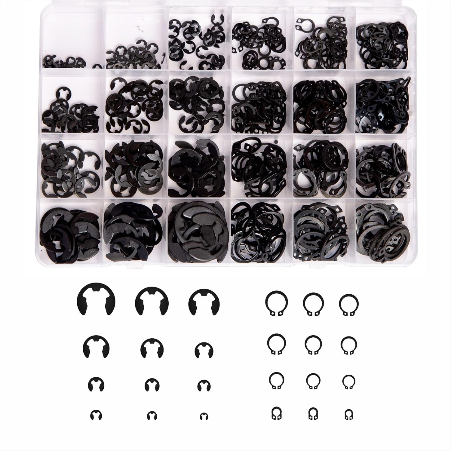 Mariyandh 324Pcs E-Clips Assortment Set(2.0Mm-12Mm) and External Retaining Rings, Snap Rings Assortment Kit,C Clips Assortment (M5-M16),Carbon Steel Circlip 24 Sizes