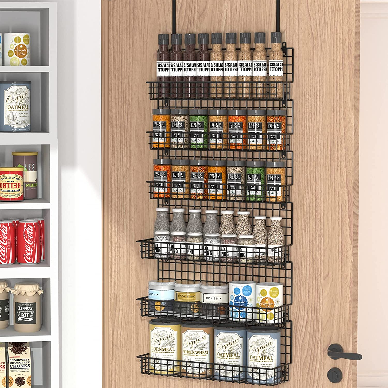 6-Tier Spice Rack Organizer with Door Hook, Wall Mounted & over the Door Spice Racks for Kitchen Pantry Door Cabinet, Two Size, Large Capacity, Black