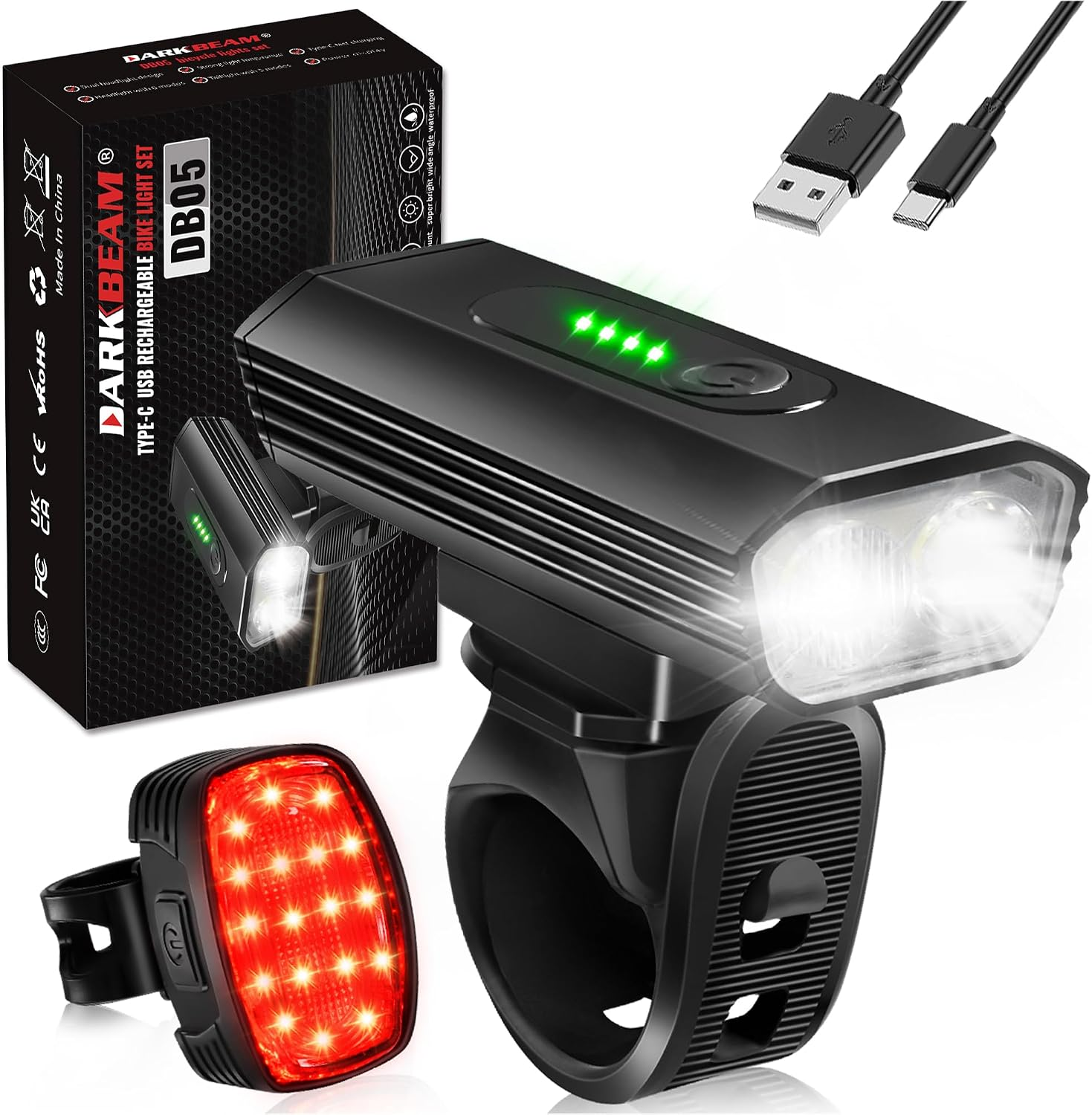 Bike Headlight Rechargeable USB-C, Bicycle Lights 4000LM Ultra Bright, Mountain Bike Light Set for Night Riding, 6+5 Mode Waterproof Front Bike Light & Rear Light for Road, Cycling