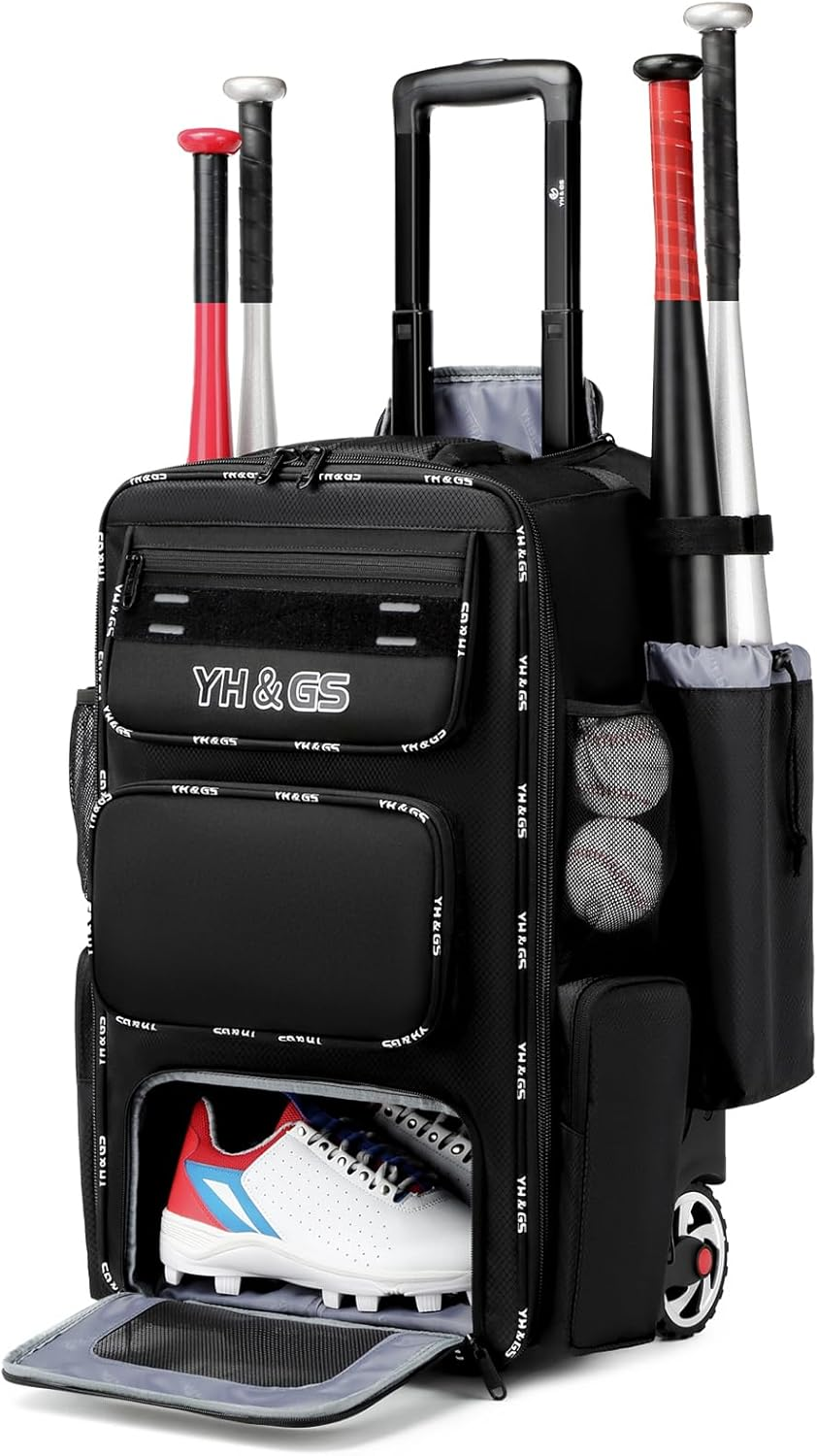 Rolling Baseball Bag,Wheeled Softball Bag with Fence Hook for Tball Bat & Equipment,Lightweight Baseball Bat Bag with Shoe Compartment