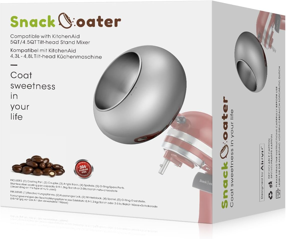 Aieve Snack Coater Compatible with Kitchenaid Tilt-Head Stand Mixer for Making Chocolate Covered Almonds, Pistachio, Peanut, Freeze Dried Strawberry, Raisin, Macadamia Nuts and Blueberry