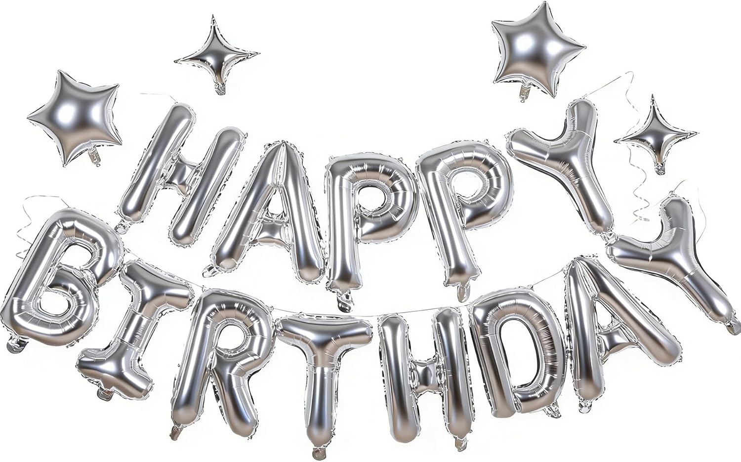 Silver Happy Birthday Banner Balloon Aluminum Foil 16 Inch Letter,10 Inch Five Pointed Star Four Pointed Star Suitable for Kids, Men, Women, Boys and Girls Party Decoration Supplies