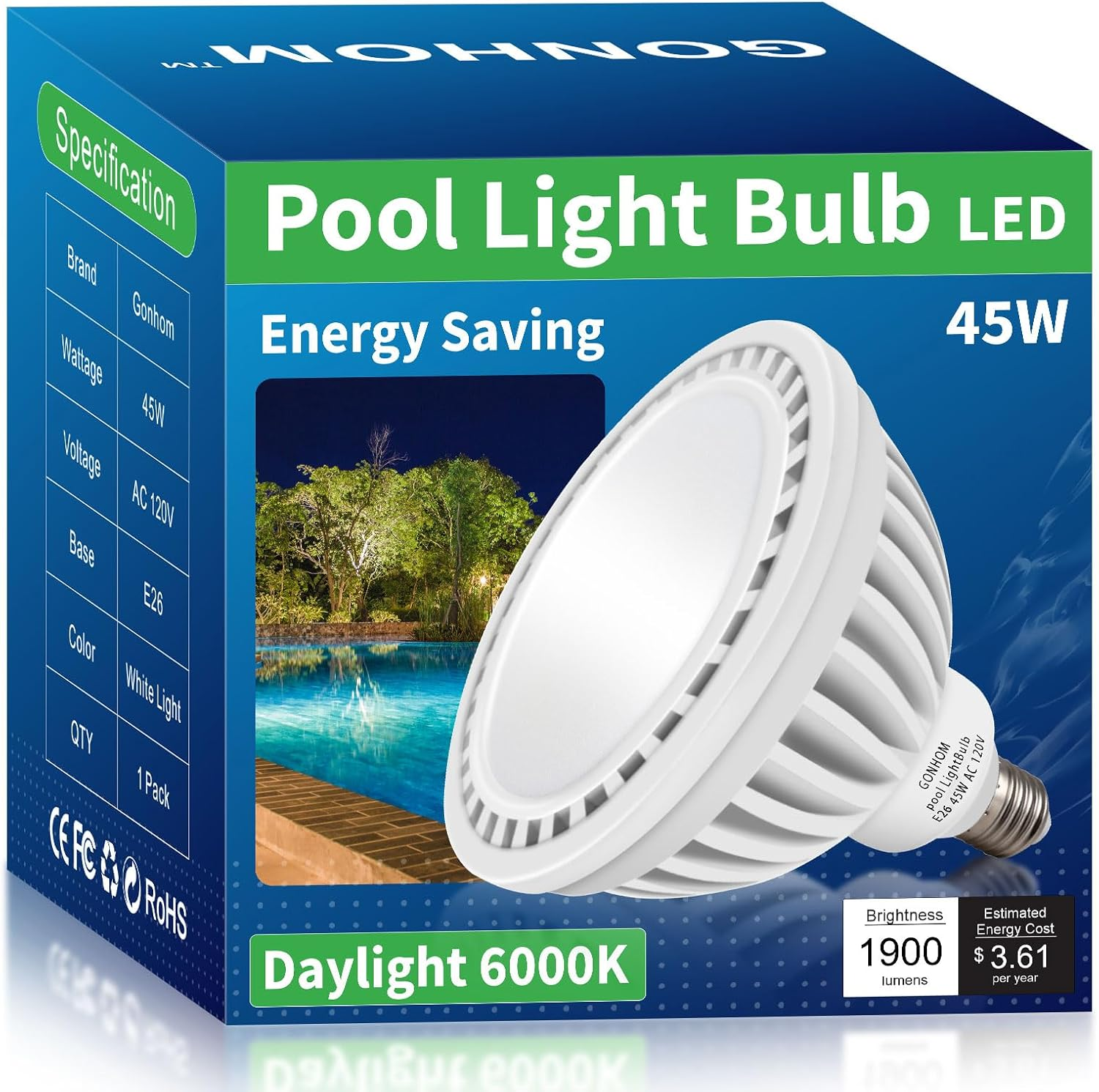 LED Pool Light Bulb,E26 Base 120V Daylight White 6000K Pool Lights, 45W LED Swimming Pool Light Bulb Replaces up to 200-600W Traditionnal Bulb,Non Dimmable
