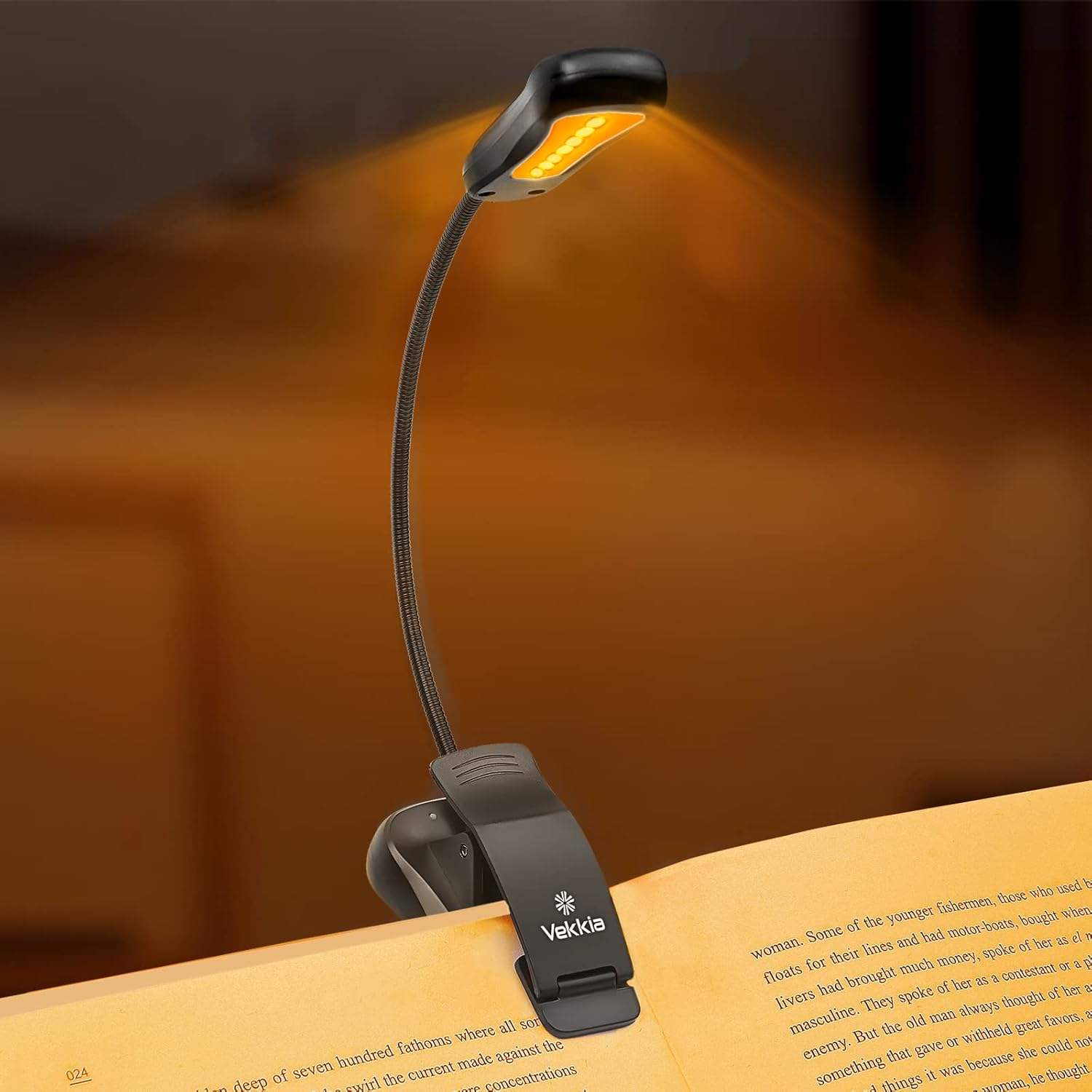 Vekkia Amber Rechargeable 7 - Led Eye - Care Book Light with Blue - Light Blocking, 3 Levels, 1600K for Eye - Friendly Use. Offers up to 70 Hours of Reading