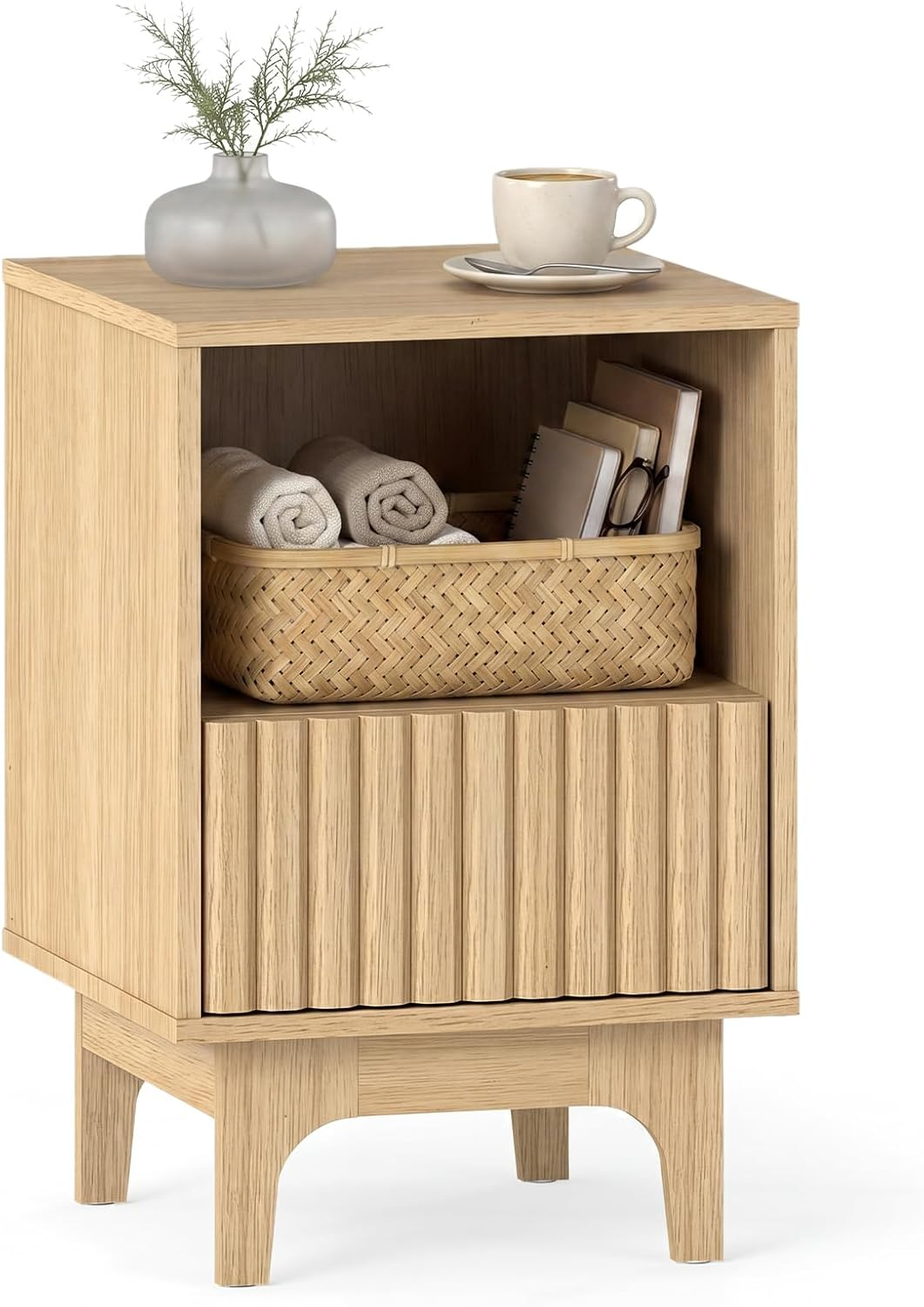 Bedside Table, Wooden Nightstand End Sofa Side Table with Fluted Storage Drawer and Open Compartment, Modern Accent Bedside Cabinet for Bedroom, Living Room, Small Spaces (Natural,1)