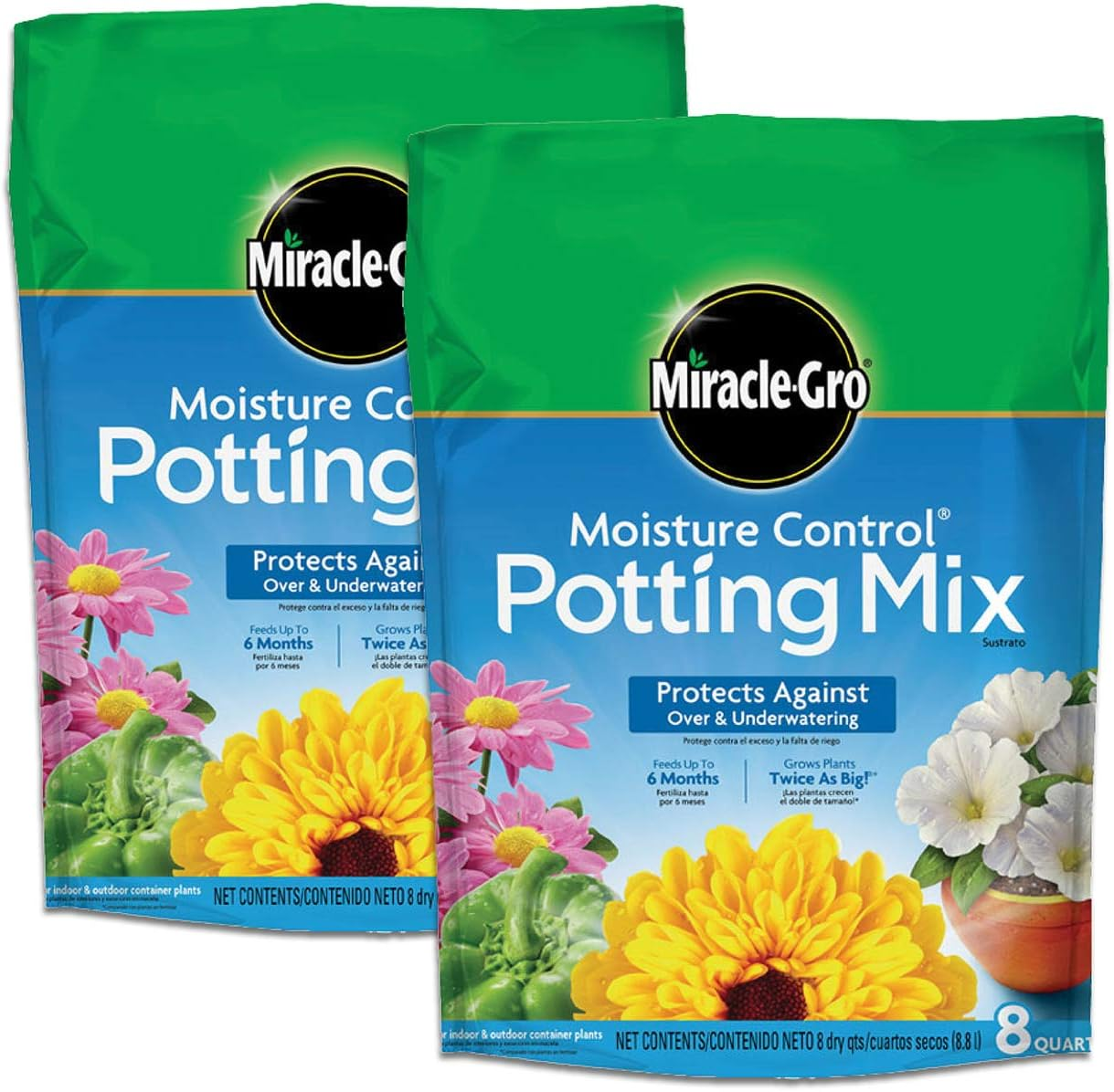 Miracle-Gro Moisture Control Potting Mix, for Container Plants, Protects against Over- and Under-Watering, 8 Qt., 2-Pack