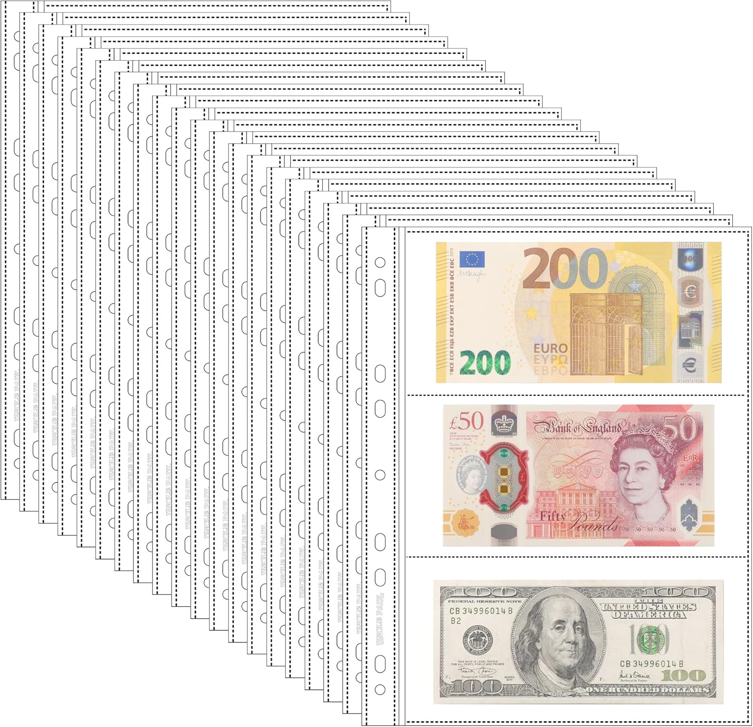 20 Sheets Currency Pages for Paper Money Collection - 3 Pockets Currency Sleeves/Currency Holder Collecting Album Pages for Paper Money Bill Banknote Coupon IN02020