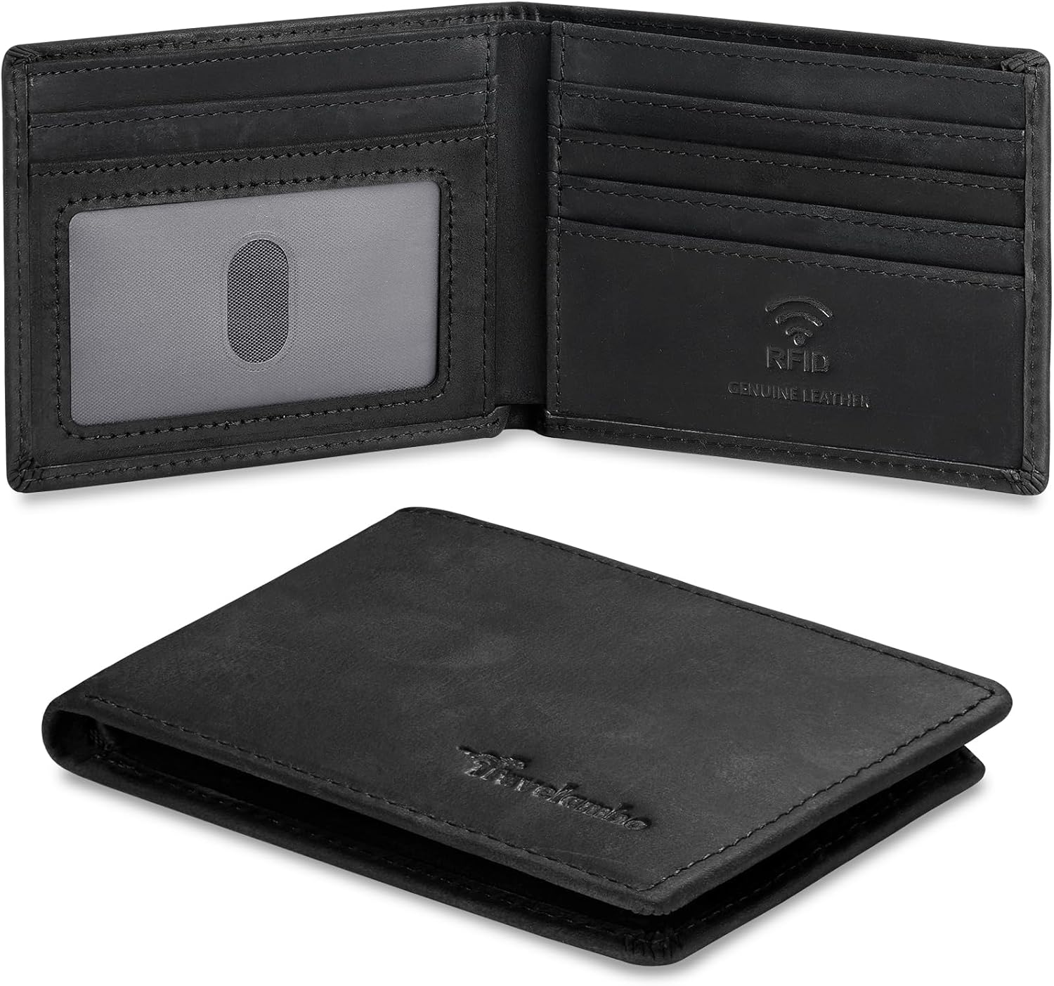 Real Leather Mens Bifold Wallet RFID Blocking Slim Minimalist Front Pocket - Thin & Stylish with ID Window in Gift Box (Crazy Horse, Black)