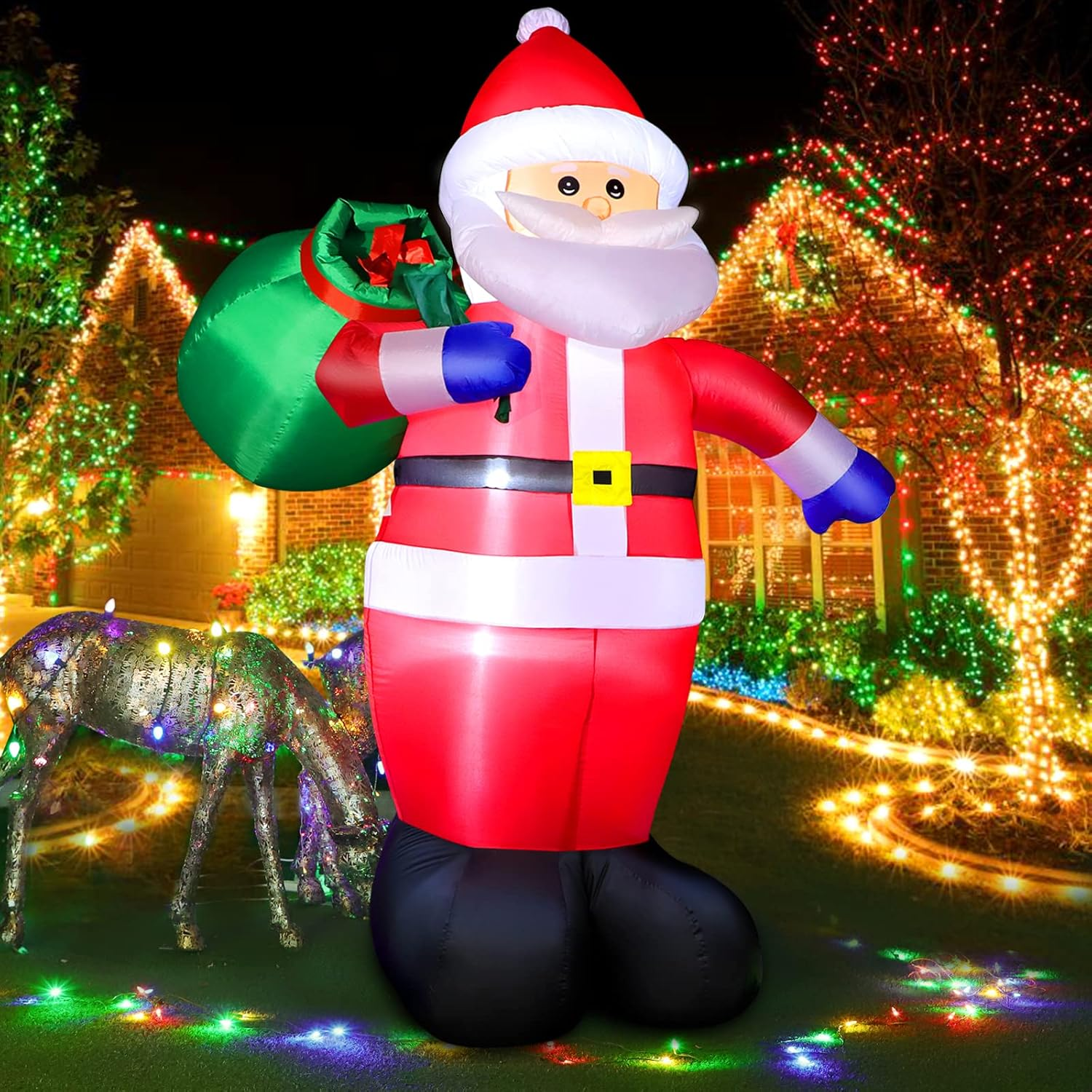 8 FT Christmas Inflatable Santa Claus Outdoor Decorations, Blow up Santa Claus with Gifts Bag, Giant Santa Carrying Present Sack, Built-In LED Light, Xmas outside Decor for Front Back Yard Garden Lawn