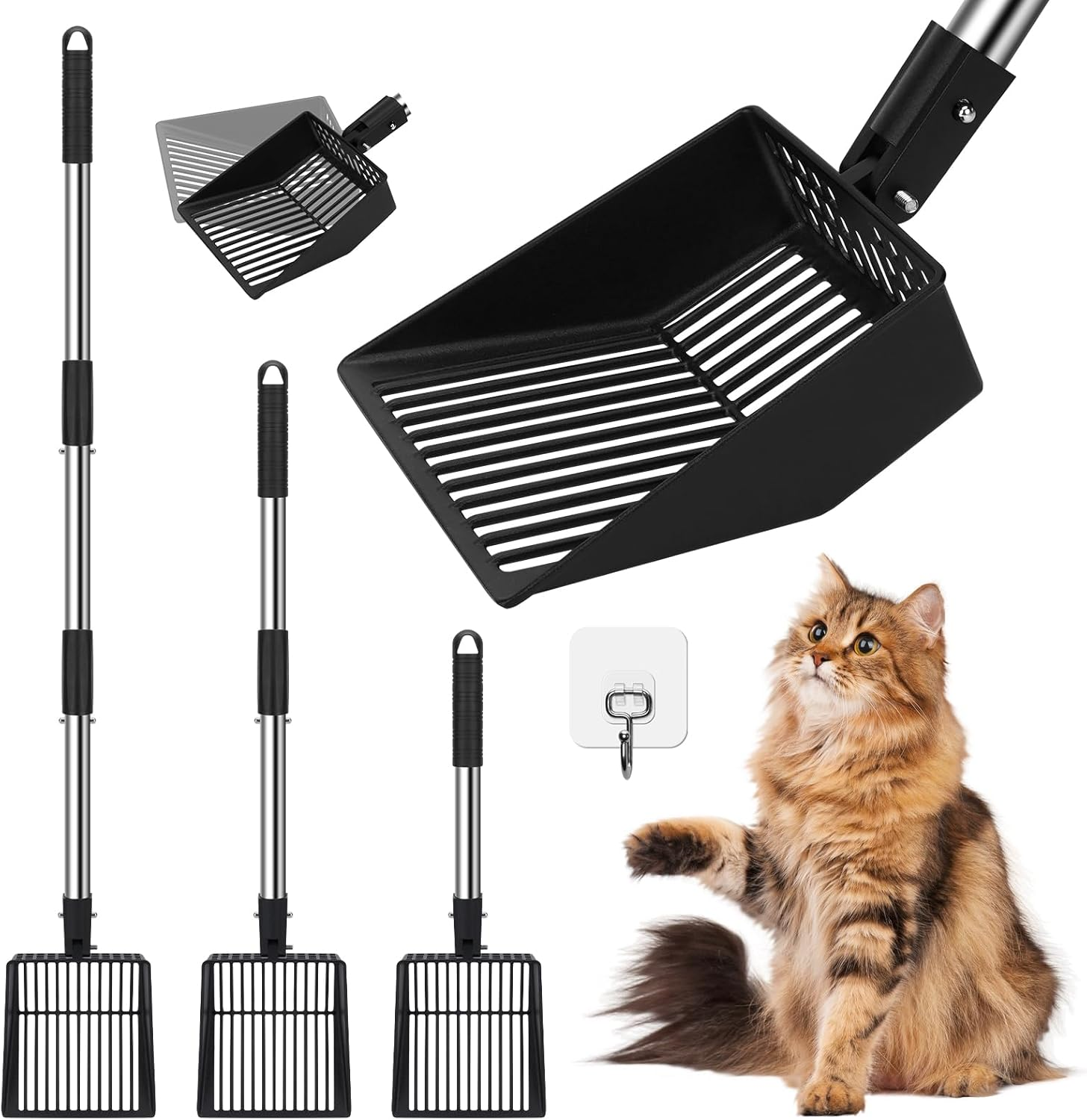 Long Handle Cat Litter Scoop, Detachable & Adjustable Metal Scooper with Deep Sifting Shovel, Long&Large Metal Shovel, 13