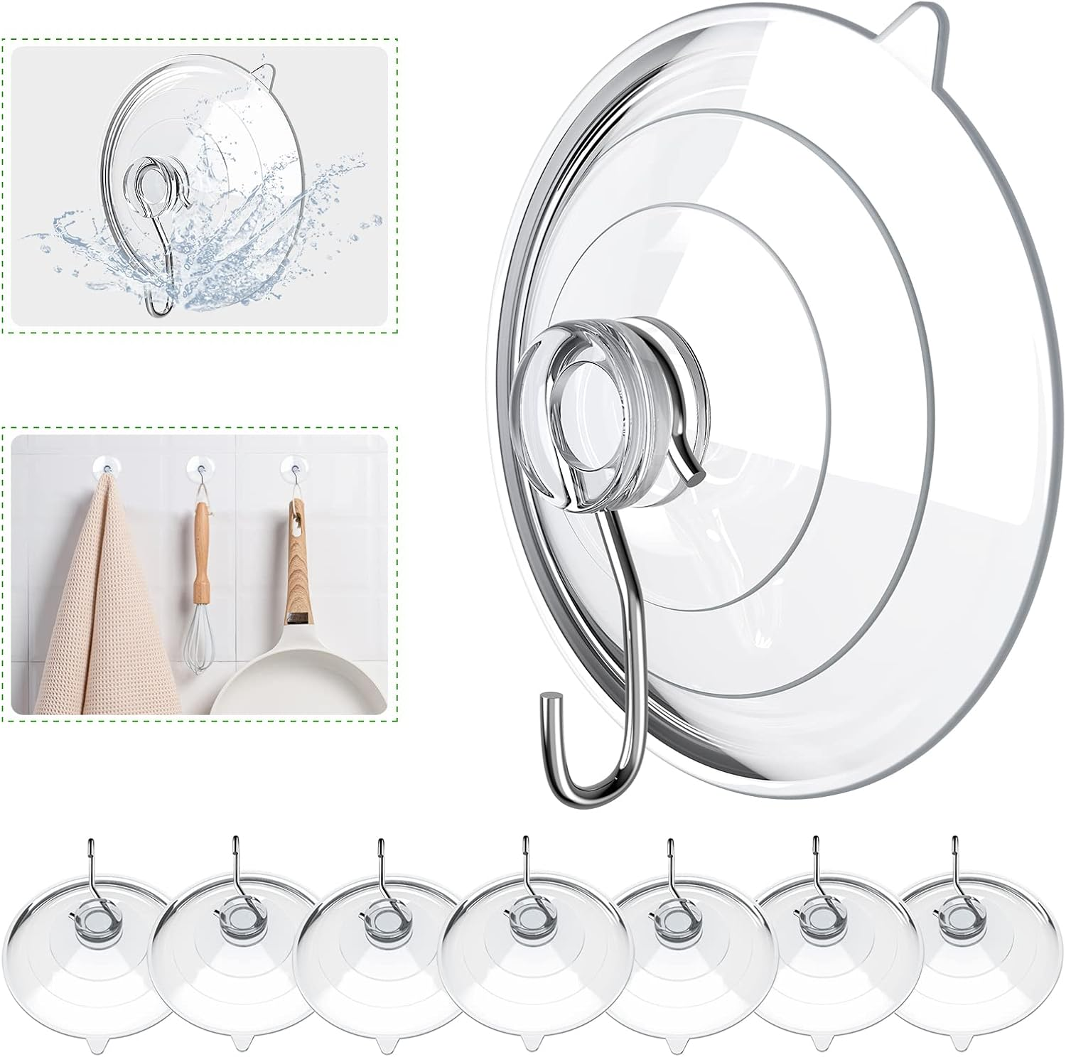 Suction Cup Hooks, 2.5 Inches Clear Suction Cups with Metal Hooks Large Suction Cup for Kitchen Bathroom Shower Wall Window Door - 8 Pack