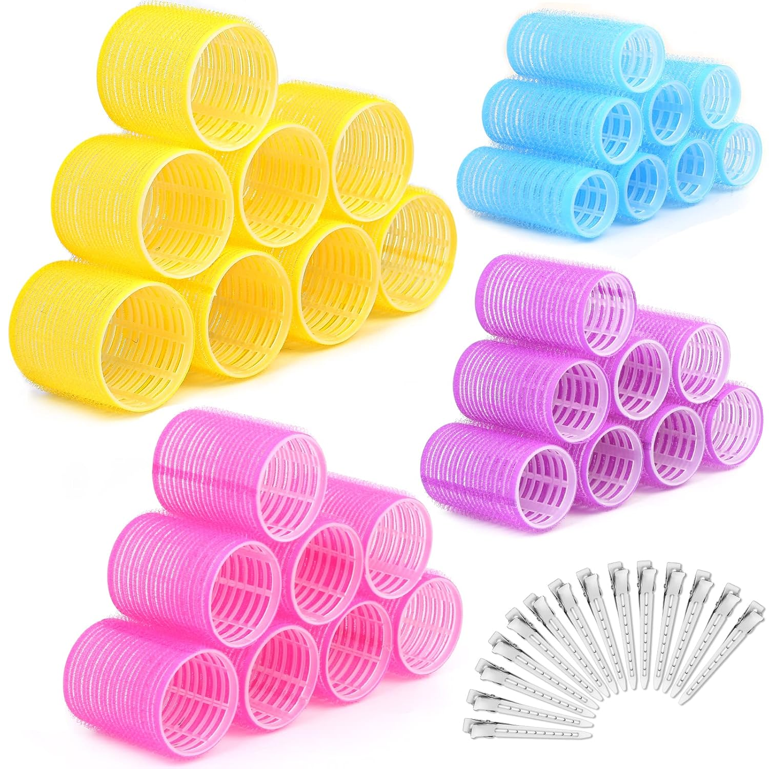 46Pcs Hair Curlers Rollers, Cludoo Jumbo Big Hair Roller Sets with Stainless Steel Duckbill Clip, 4 Size Self Grip Hair Curlers Rollers for Long Medium Short Thick Fine Thin Hair Bangs Volume