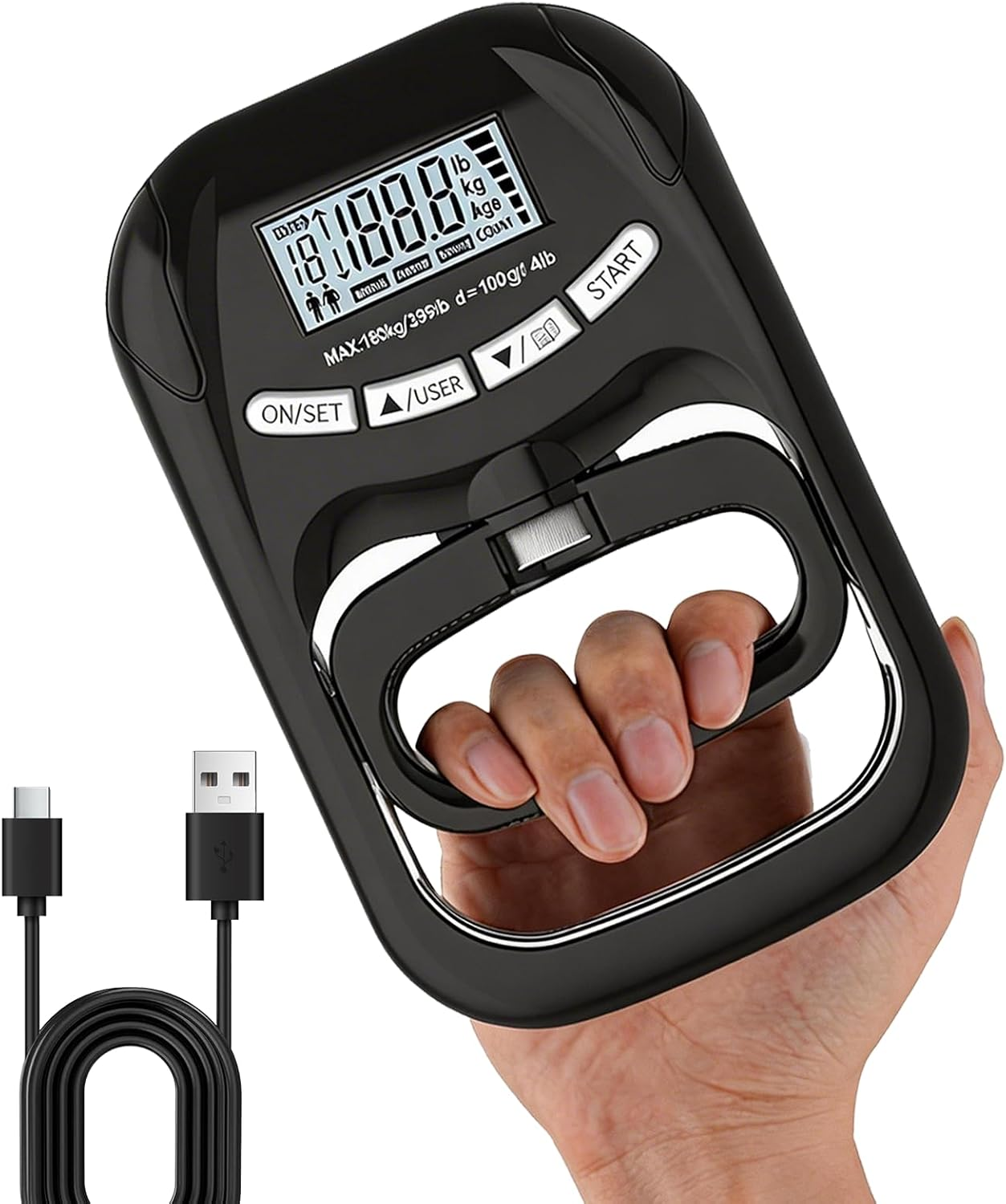 396Lbs / 180Kg Grip Strength Trainer, Rechargeable Electronic Hand Dynamometer, Digital Grip Strength Tester with LCD Display, Adjustable Hand Grip Dynamometer Hand Exercisers for Strength