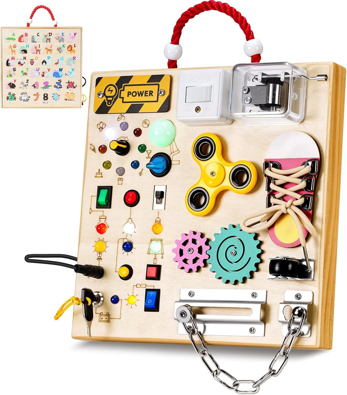 Montessori Wooden Busy Board for Toddlers 1–3 | LED Lights, Music, Locks and Switches | Sensory Travel Toy Gift for Boys and Girls