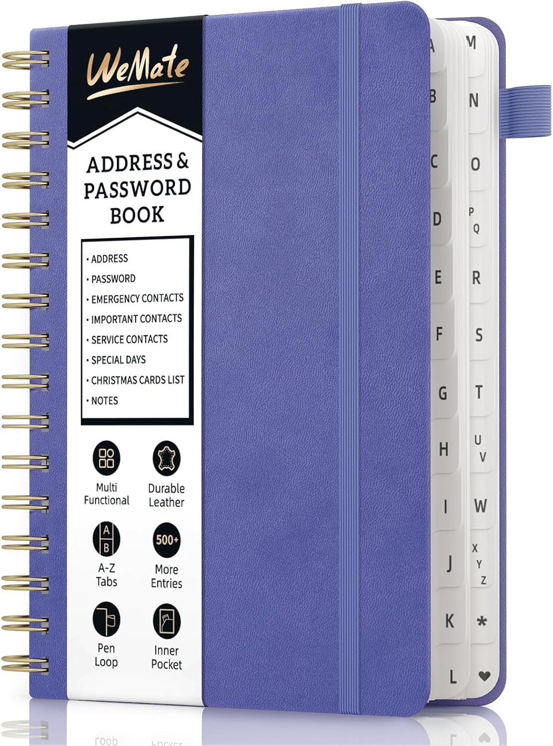 WEMATE Spiral Address Book with Alphabetical Tabs, Leather Password Book, Address Organizer Telephone Notebook Journal Keep Contact Safe Hardcover Large Print for Seniors Home Office 5.8″×8.2″, Purple