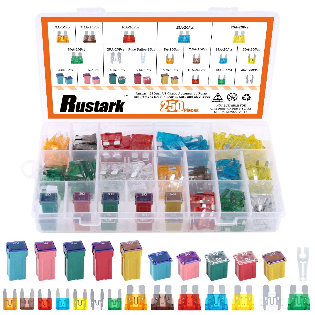 250Pcs US Grade Automotive Fuses Assortment Kit Standard & Mini Car Blade Fuses, Low and Tall/Std Profile Box Shaped Assorted Fuse for Trucks, Cars and SUV, Boat