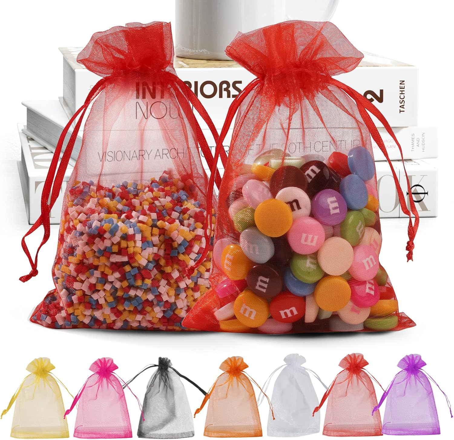 100 Pack Organza Bags, 4 x 6 inch Small Bags, Easter Favor Bag, Sheer Mesh Bag, Premium Red Gift Pouches with Drawstring, Jewelry Pouches Small Mesh Pouch for Christmas Wedding Party