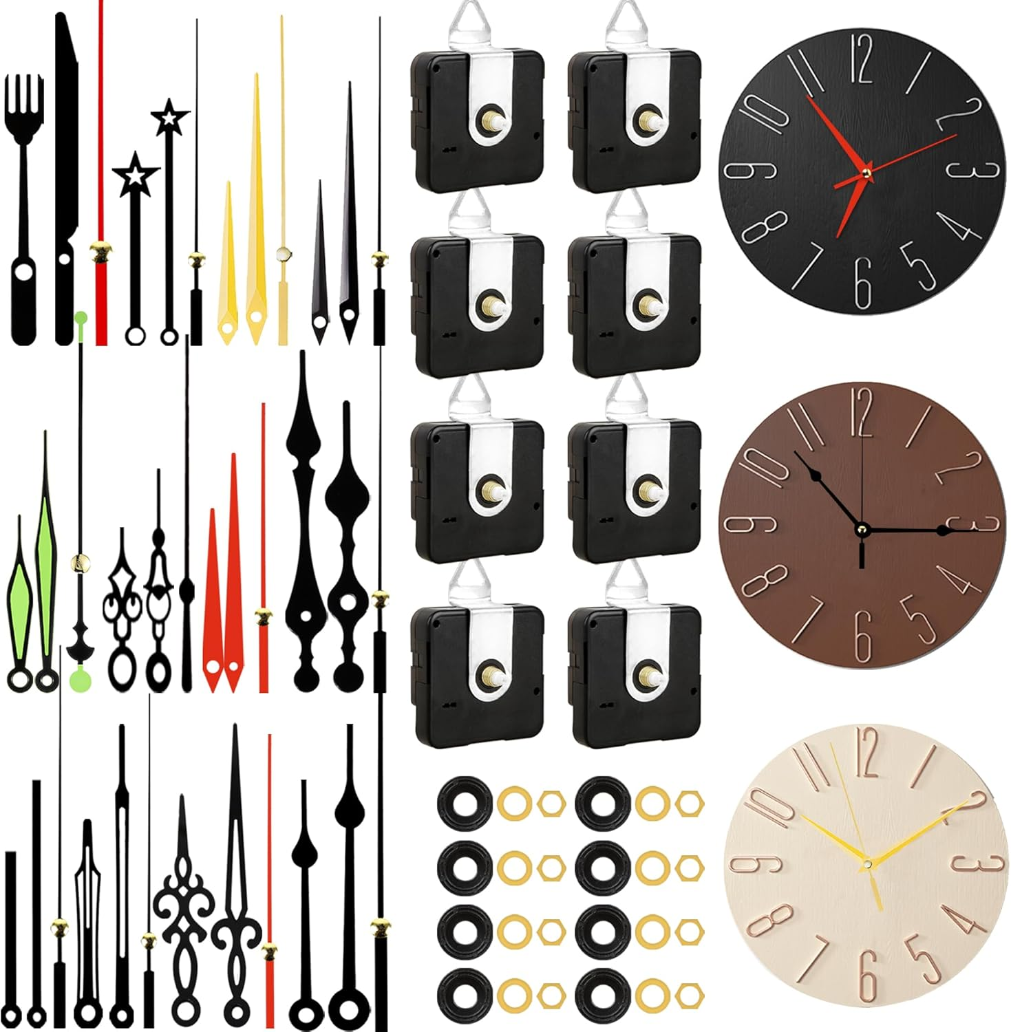 8 PCS High Torque Quartz Clock Movement Mechanism Replacement Clock Kit with 12 Different Pairs of Clock Hands for DIY Repair Clock Parts Shaft Lengths 12Mm 15.5Mm 21.5Mm (01)