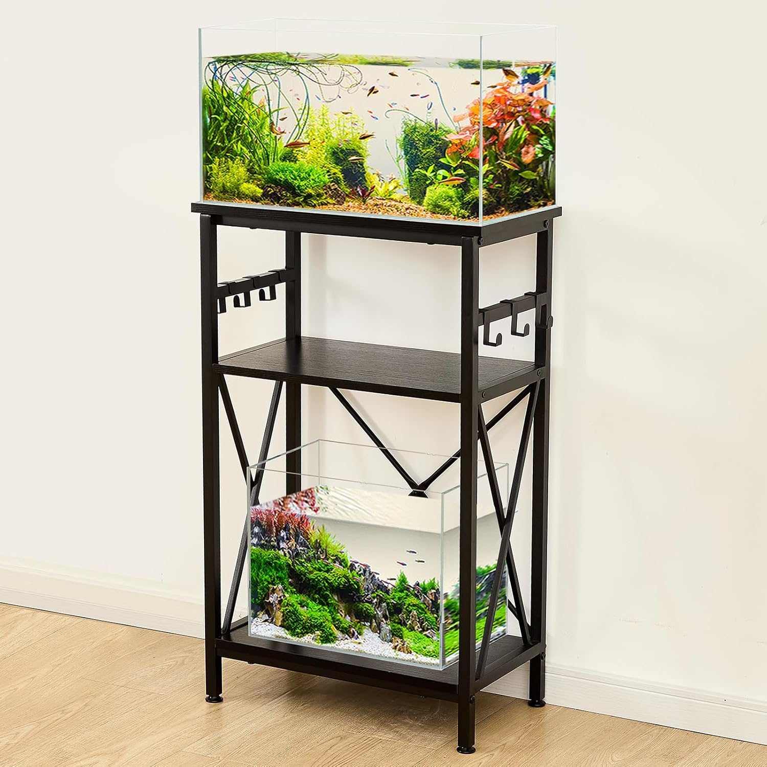 10 Gallon Fish Tank Stand with Shelf, Double Aquarium Stand for 10&5 Gal Fish Tank, 3-Tier Heavy Metal Stand with Stable Structure, Adjustable Table Feet&Anti-Tilt Device - Black