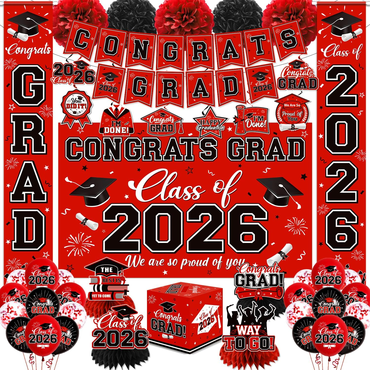 Graduation Decorations 2026 Red Party Decor Set with Congrats Grad Banner, Class of 2026 Backdrop, Balloons, Box & Streamers Supplies for High School & College Celebrations